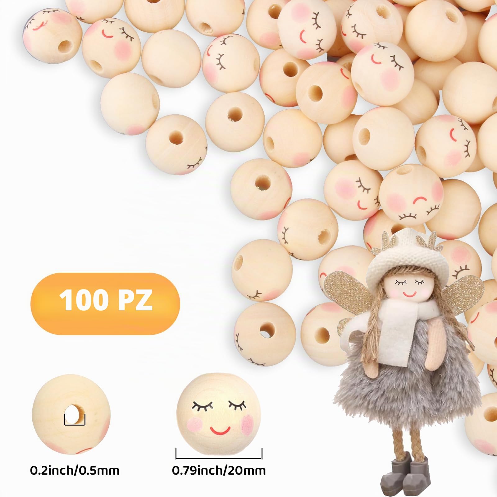 100 Pezzi Perline Di Legno Smile Face, per La Testa Di Bambola, Portachiavi, Angelo, Natale Artigianato e Gioielli (20 mm, Foro: 5 mm, Model C)