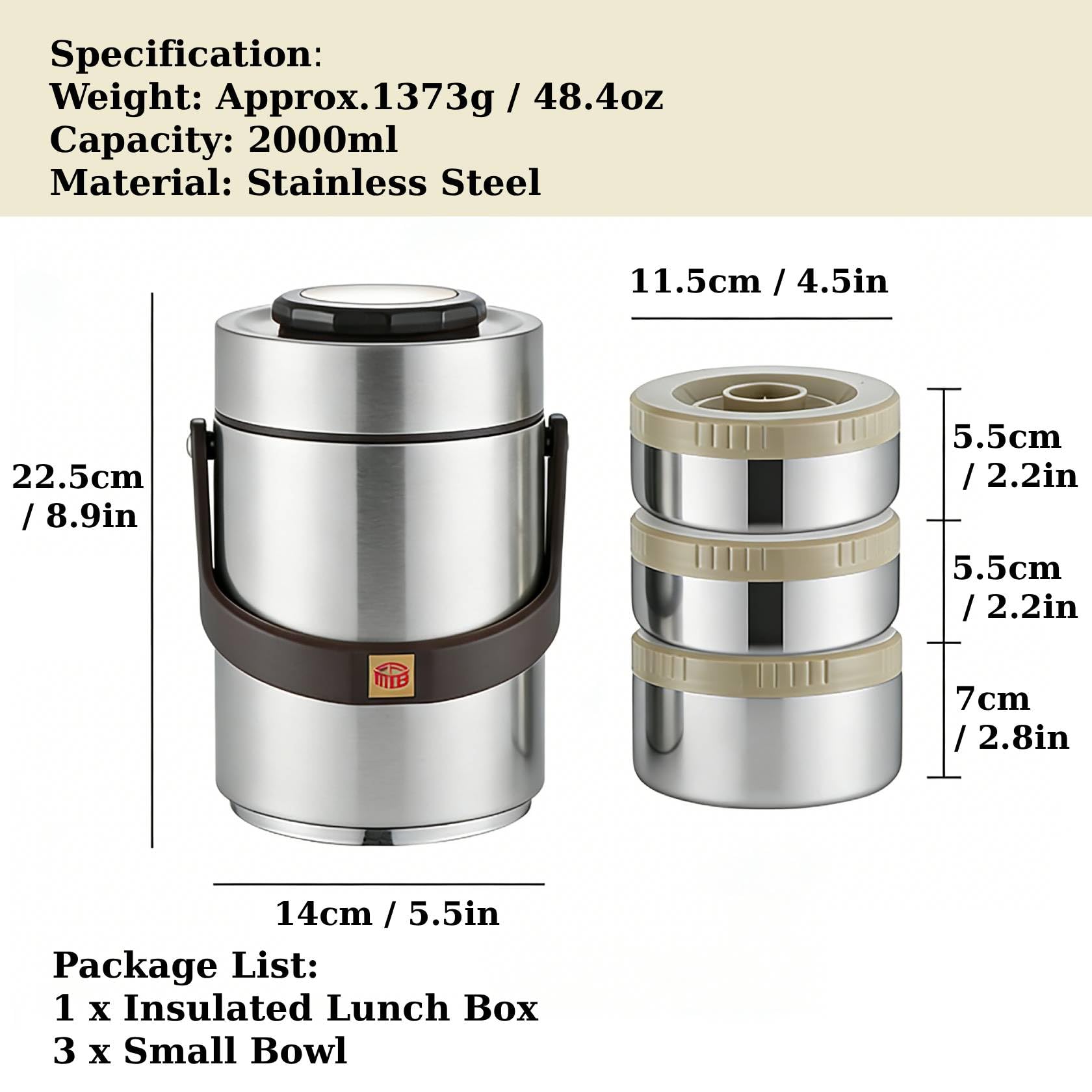Ejoyous Contenitore termico per il pranzo, 2000 ml, in acciaio inox 304, contenitore isolante sottovuoto per alimenti caldi, portatile, a 3 strati, isolamento sottovuoto, per lavoro, ufficio, viaggi