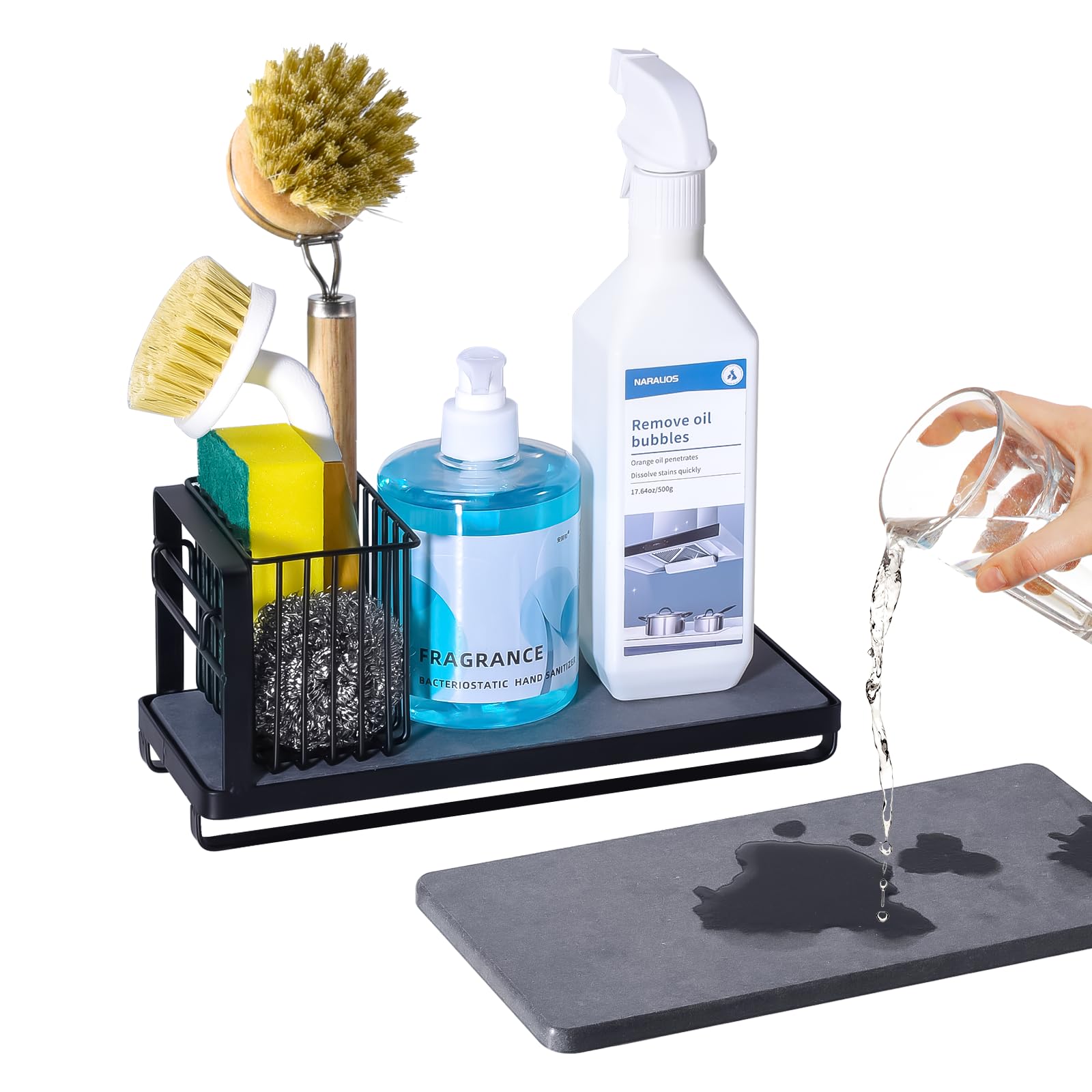 KONE Black Kitchen Sink Caddy Kitchen Sponge Holder with Instant Drying Stone and Brush Holder Rustproof Sink Organizer