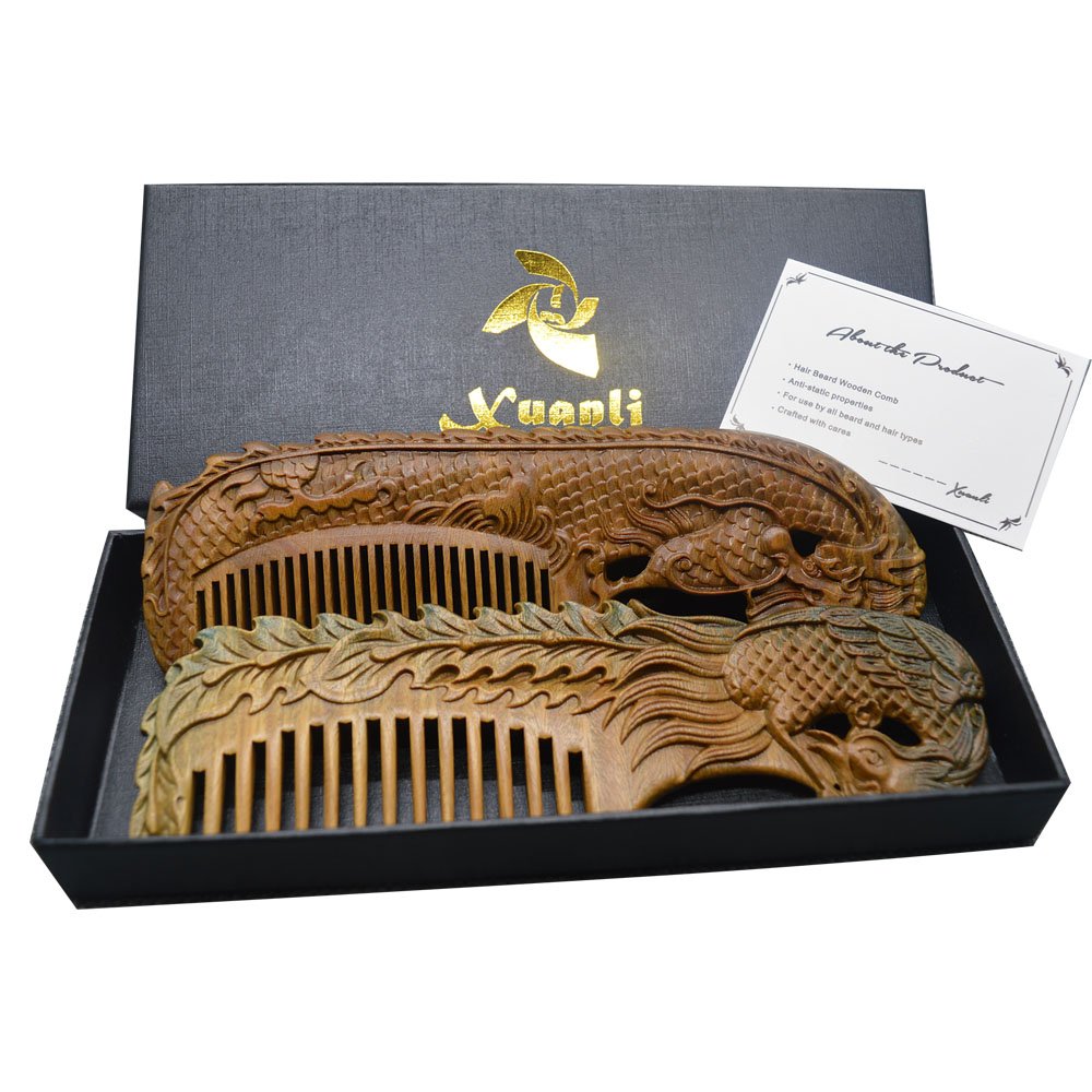 Xuanli®2 pcs Natural SandalWood Comb Hair Care Anti Static Wooden Hair Massage Natural Brush Beard Comb (M014)