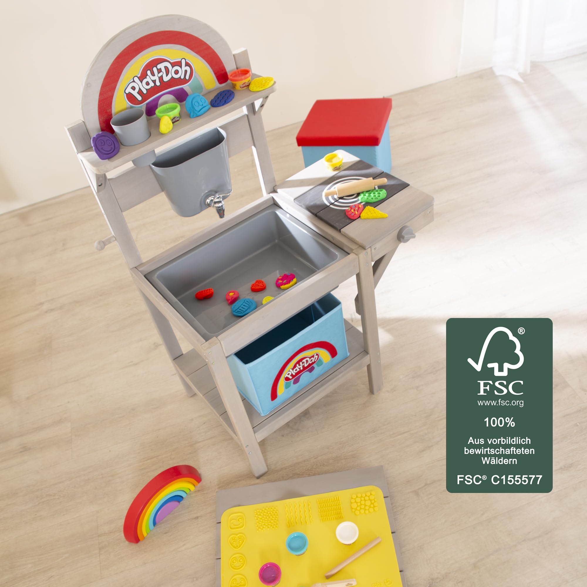 roba x Play-Doh Spielküche aus FSC-zertifiziertem Holz - Inkl. 3D-Kreativmatte, 6 Knetdosen, Werkzeugen, Aufbewahrungsbox & Spielwanne - Ideal für Indoor & Outdoor - Ab 3 Jahren