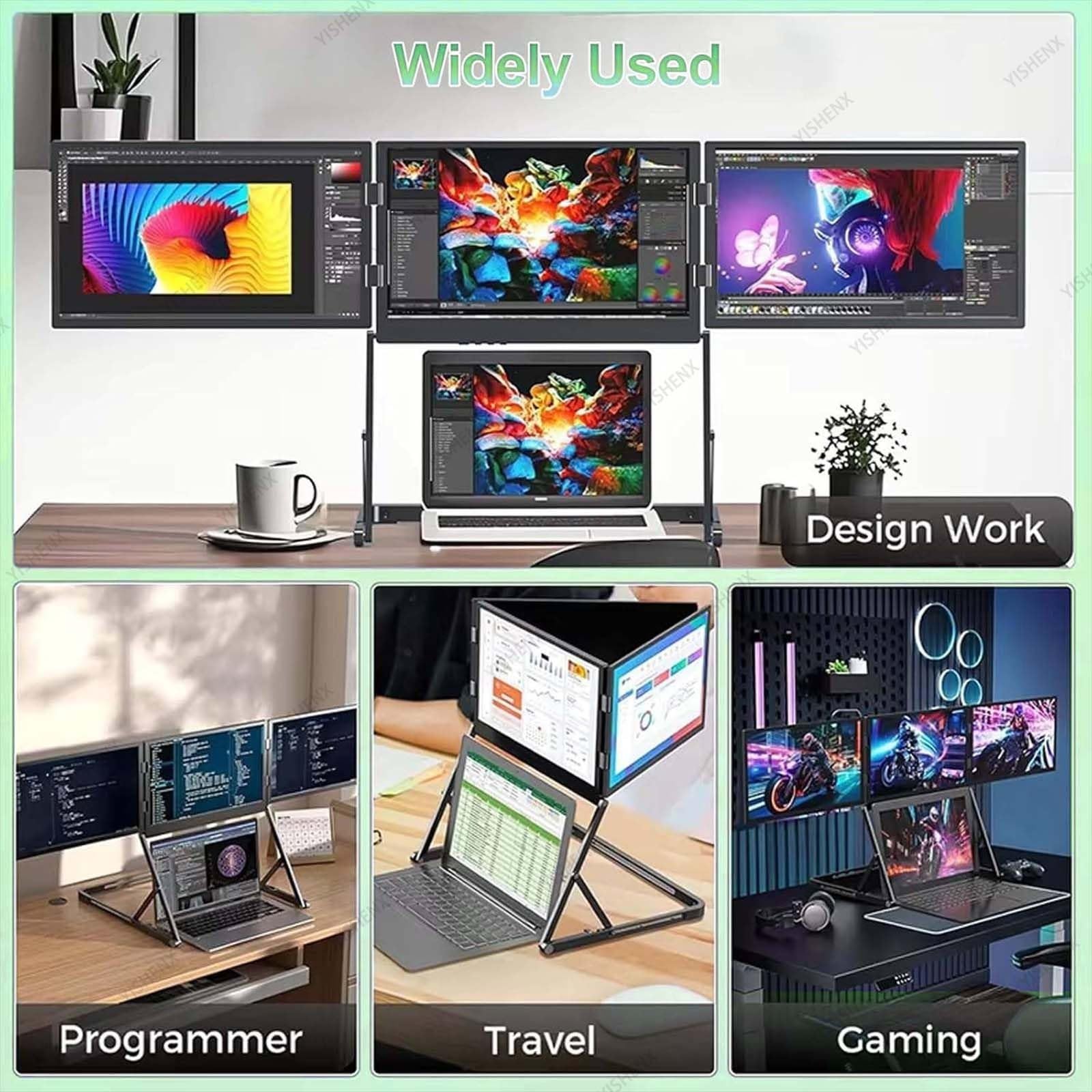 Monitor per Laptop a Triplo Schermo, Display Pieghevole HD Da 15,6", Rotazione a 360°, Copertura Srgb Al 100%, Regolazione Dell'altezza Su 3 Livelli, Windows, Mac, Linux, Android, Per Ufficio