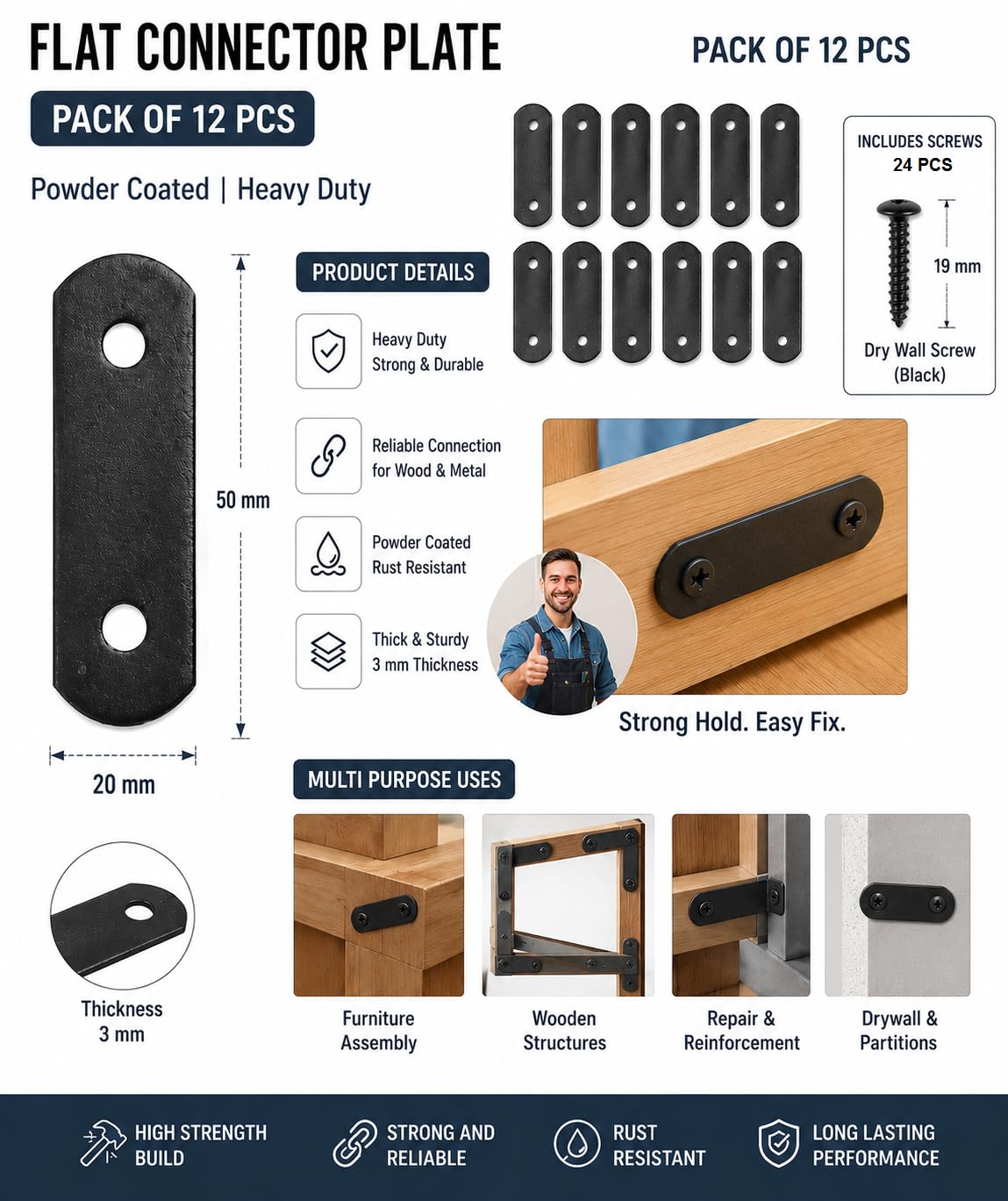 Q1 Beads 12 Pack Metal 50 x 20 mm Flat Mending Plate Support Bracket Heavy Steel Straight Connector Plate | Includes Screws-24 pcs | Furniture Repair, Wood Joining & Reinforcement — Amazon image 3