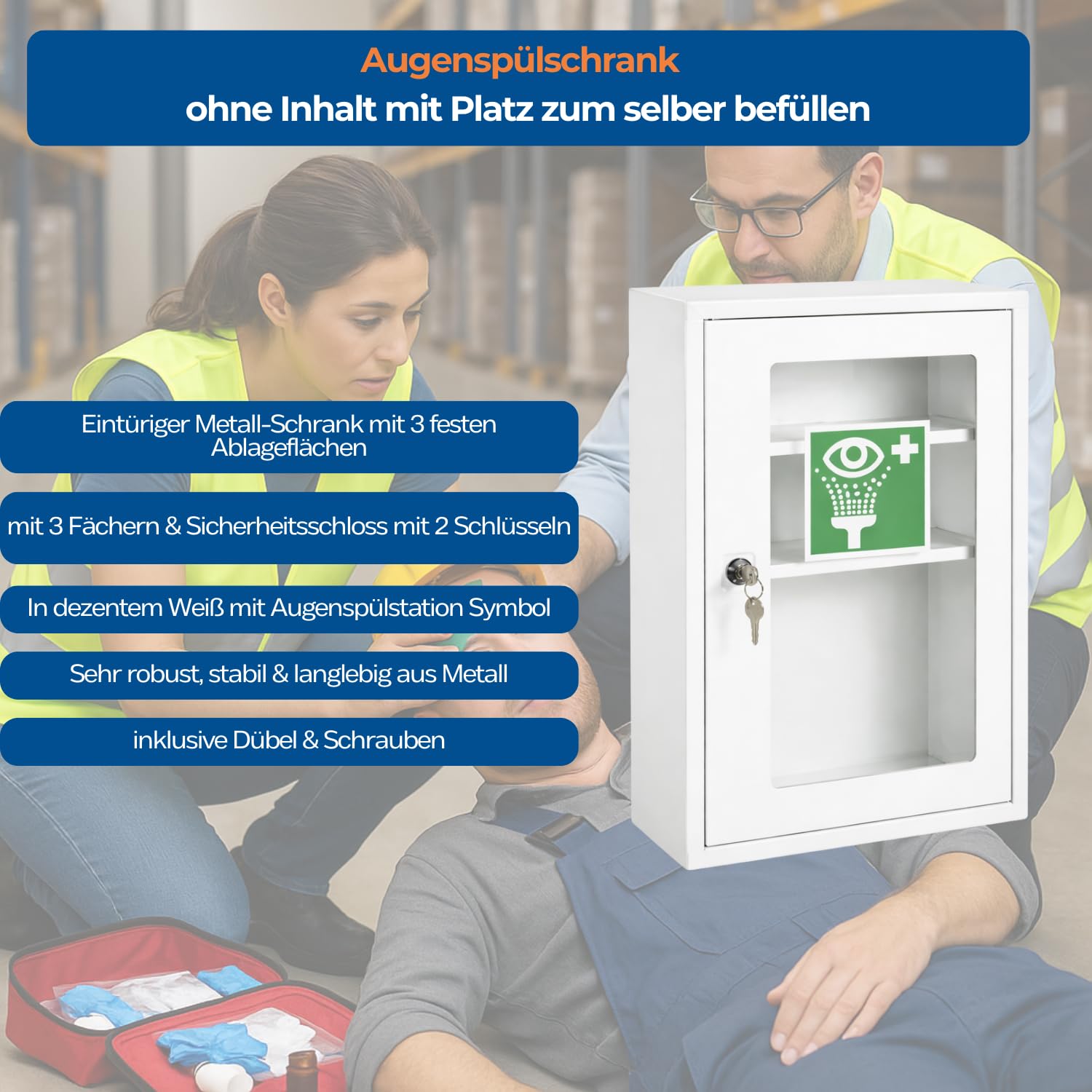 First Aid Products Augenspülschrank mit Sichtfenster – leer, zum selbst Ausstatten – Metall, abschließbar, Eyewash station, Augenspülstation & Augendusche – Wandmontage, Betrieb, Gewerbe & Gastronomie