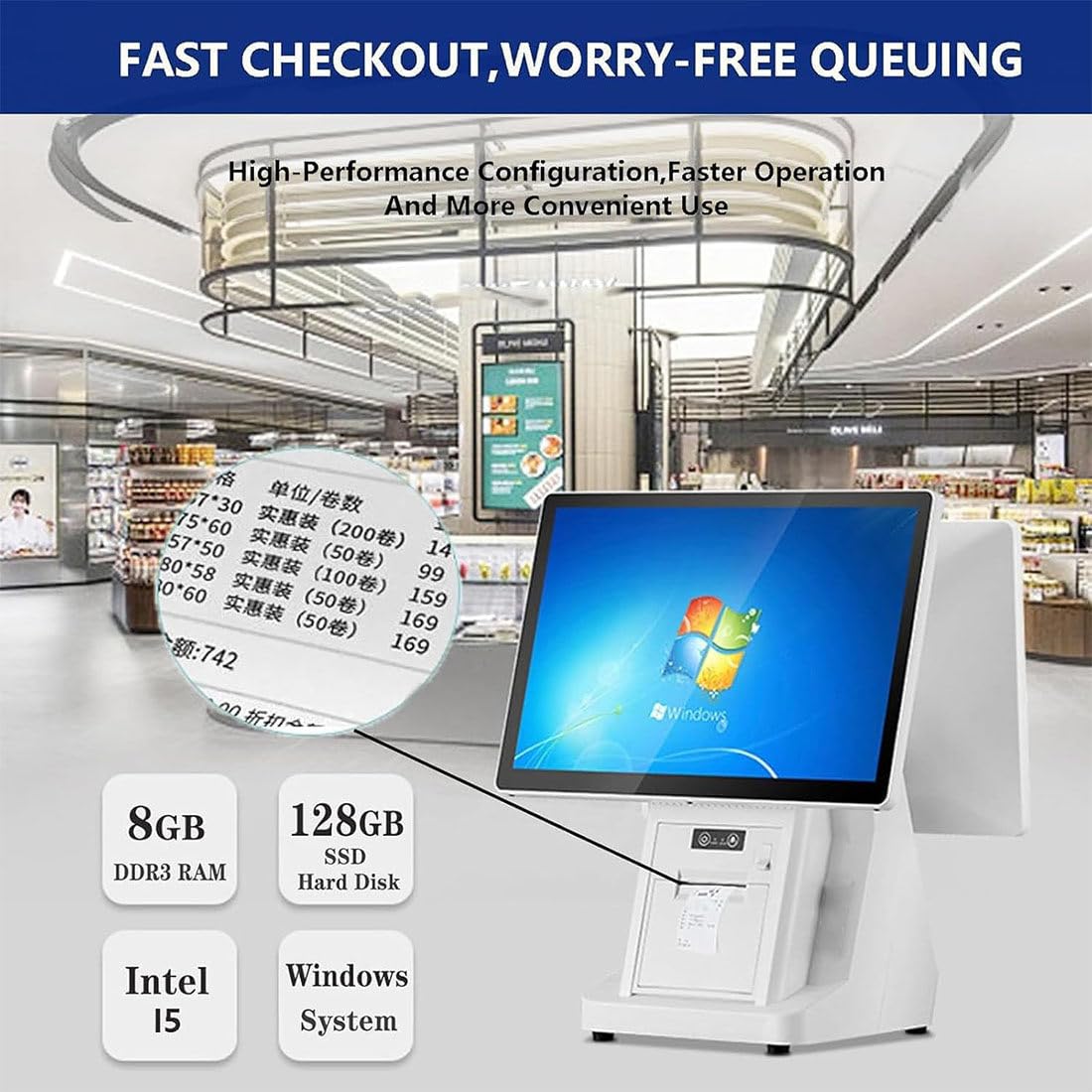 Caisse enregistreuse Intelligente, Caisse enregistreuse Tout-en-Un, Moniteur de Caisse à écran Tactile LCD, Terminal de Point de Vente avec Scanner Portable