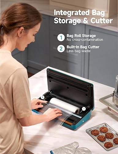 Miniatura 4 de HiCOZY Máquina selladora al vacío, sellador al vacío de alimentos con cortador integrado y almacenamiento de bolsas, máquina selladora de aire para