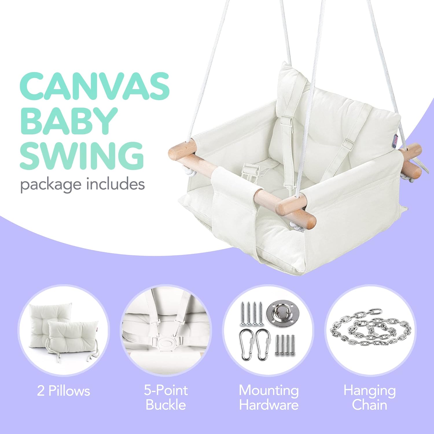 CaTeam - Canvas Baby Swing, Wooden Hanging Swing Seat Chair with Safety Belt, Durable Baby Swing Chair, Outdoor and Indoor Swing for Kids, Mounting Hardware Included, Ivory