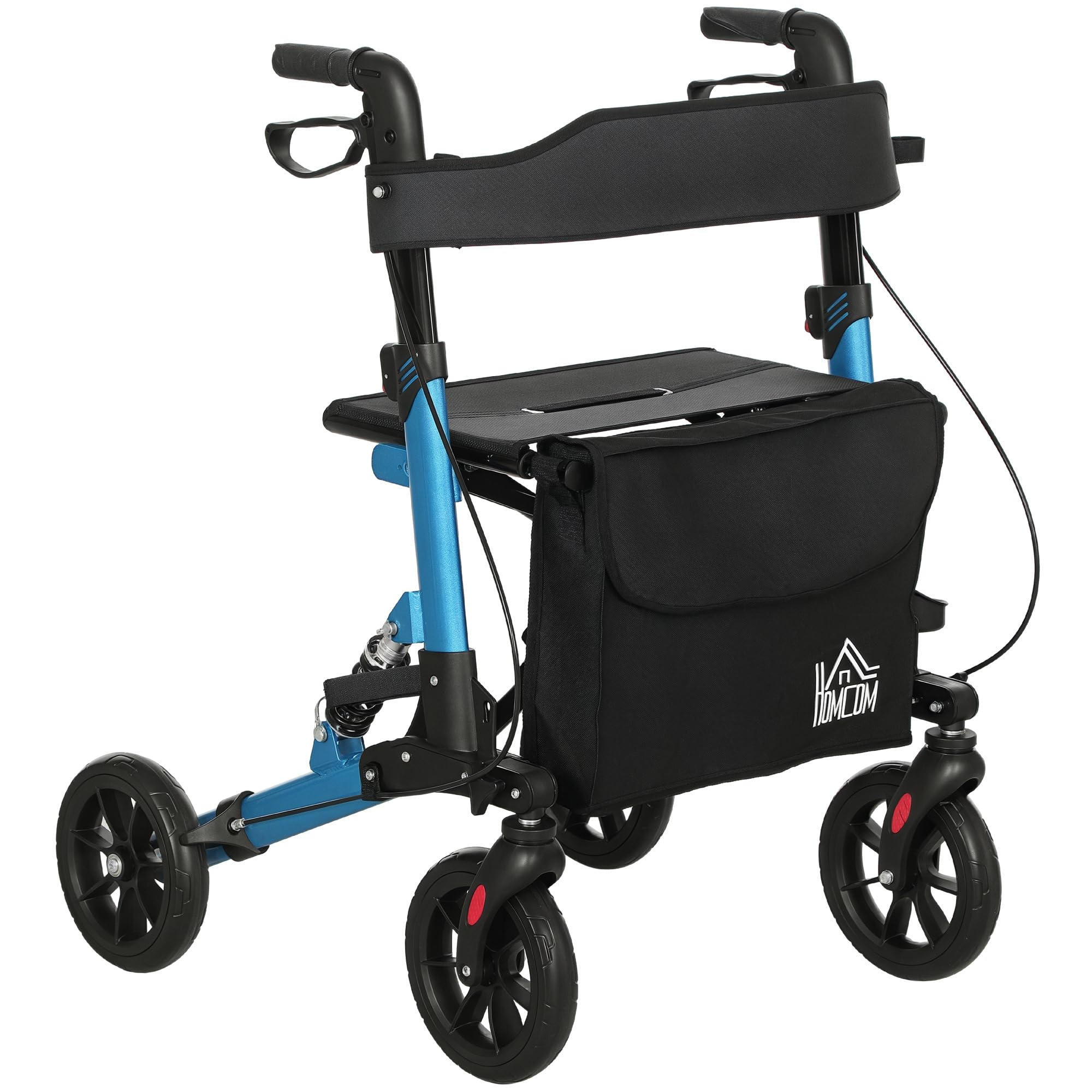Homcom Blue Folding Rollator Walker With Seat, Backrest, Bag, 4 Wheels,