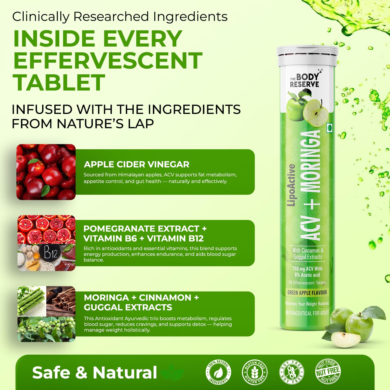 The Body Reserve ACV Moringa Effervescent Tablets – Apple Cider Vinegar, Cinnamon, Moringa, Pomegranate | Supports Metabolism, Cravings, Digestion & Immunity | Green Apple Flavor | Pack of 4 (60 Tablets) — Amazon image 3