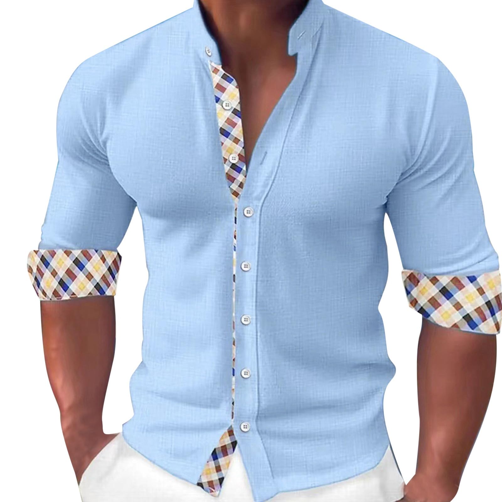 FASLOLSDP Camisa de lino para hombre, camisa de manga larga sin aros, con botones, cuello alto, camisa informal de verano, cómoda y de primera calidad, camisa de lino