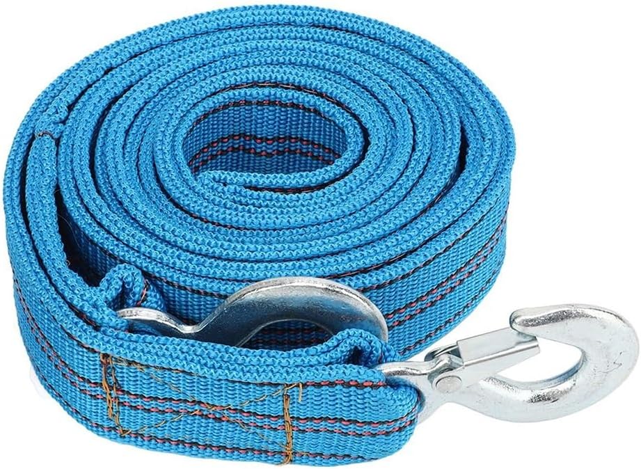 Heavy Duty Tow Strap with Safety Metal Hooks 5M 10T Strong Break Strengthened Blue Nylon Shackle Towing Rope for for Vehicle Recovery in Roadside Emergency(5 Meters Single Layer)