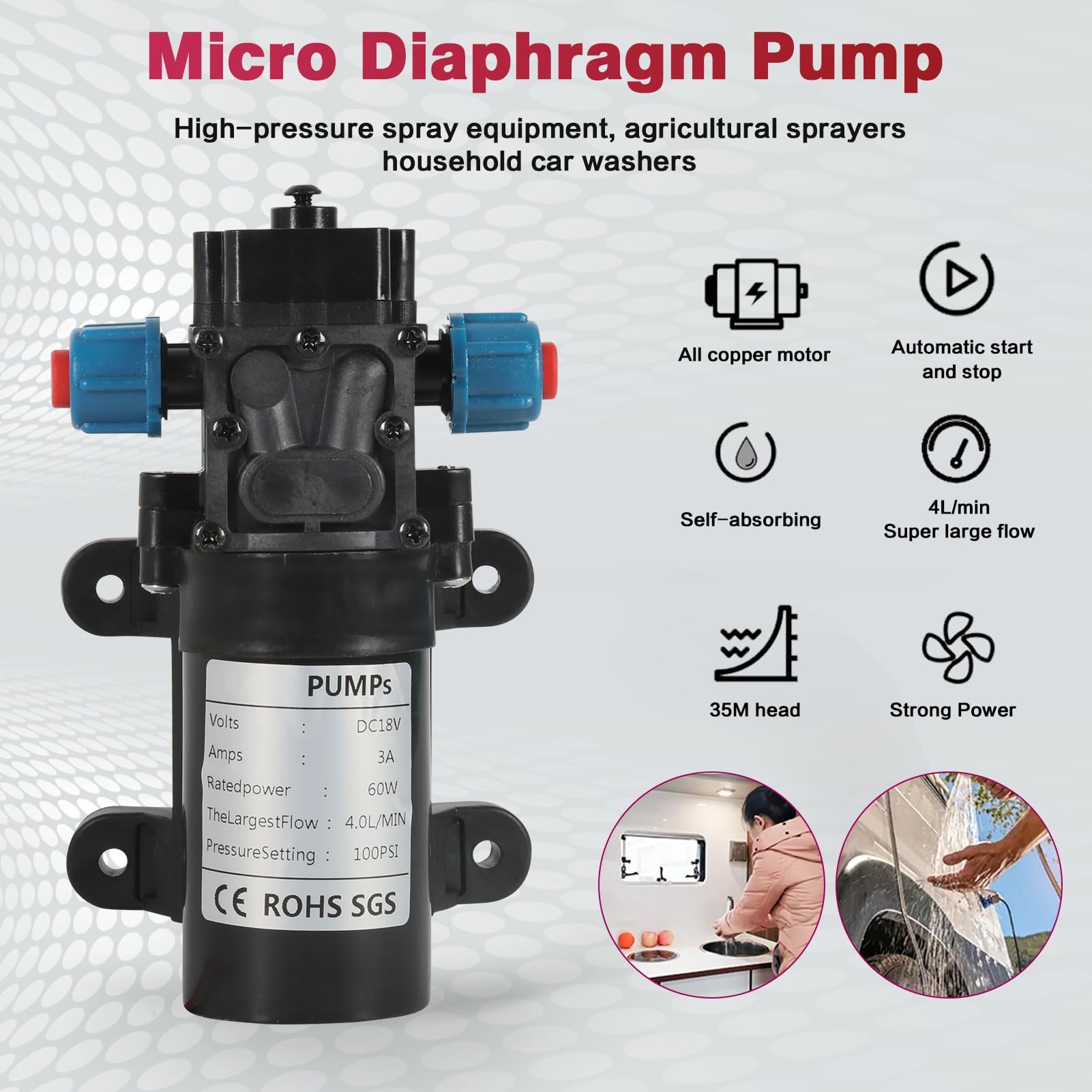 DEWIN Pompe à eau pompe à diaphragme 18 V 60 W micro pompe avec interrupteur automatique 4 L/min pulvérisateur haute pression pour lavage de voiture