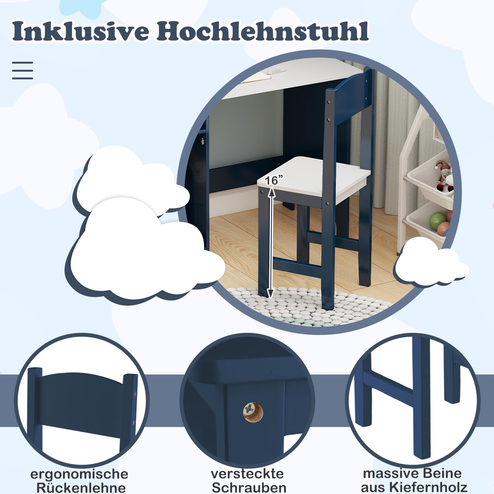 COSTWAY Kinderschreibtisch Set, Schreibtisch Kinder mit Stuhl aus Holz, Schülerschreibtisch mit Bücherregal, Schrank & Pinnwand, Jugendschreibtisch für Kinder ab 3 Jahren (Blau)
