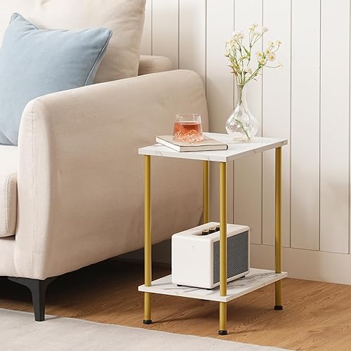 Miniatura 4 de HOOBRO Juego de 2 mesas auxiliares pequeñas, mesita de noche con estantes de almacenamiento de 2 capas, mesa de sofá para espacios pequeños, sala de