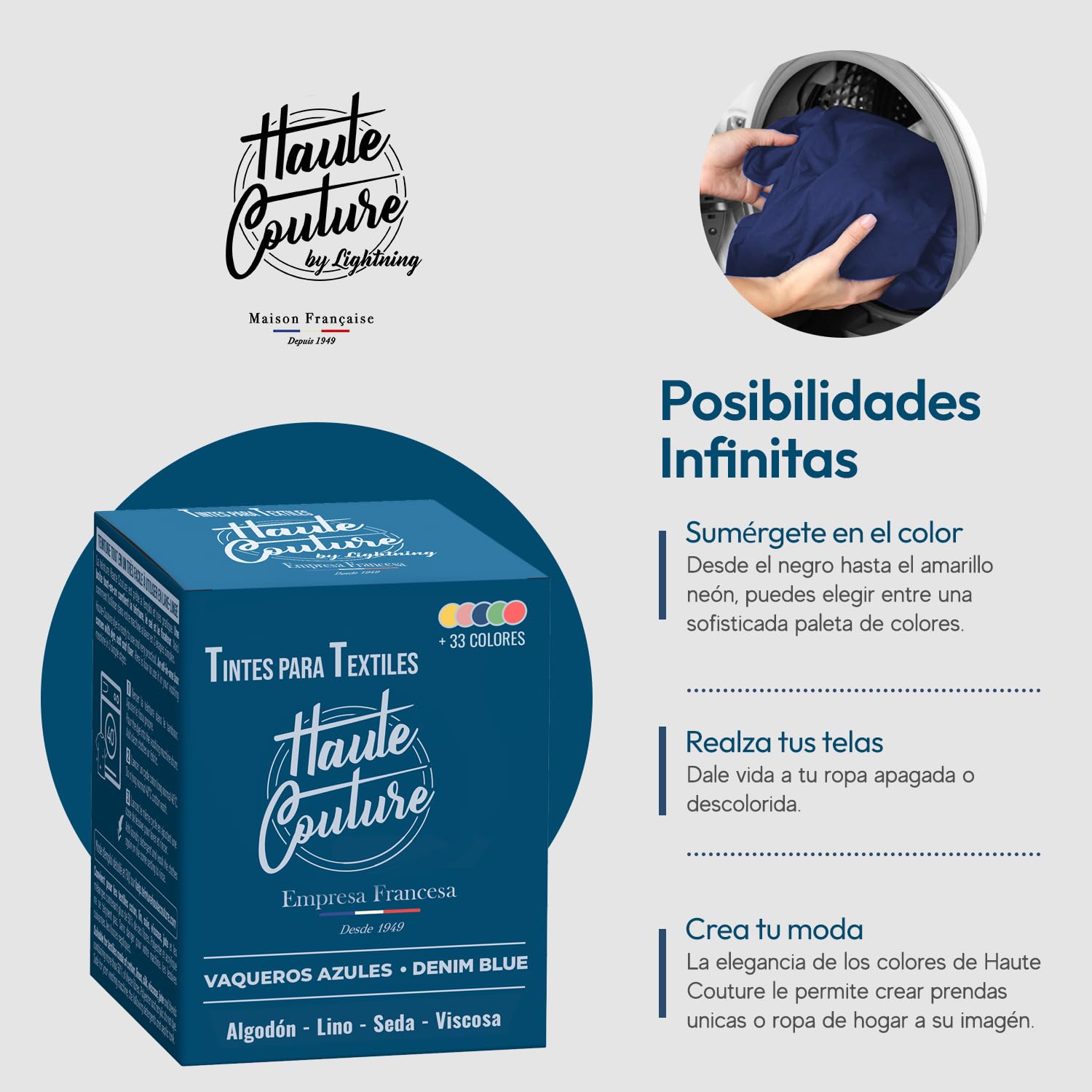Haute Couture - Tinte para Ropa y Textil Azul - Azul Vaquero - 350g - Tinte Textil Todo en uno - Listo Para Teñir Ropa y Tejidos