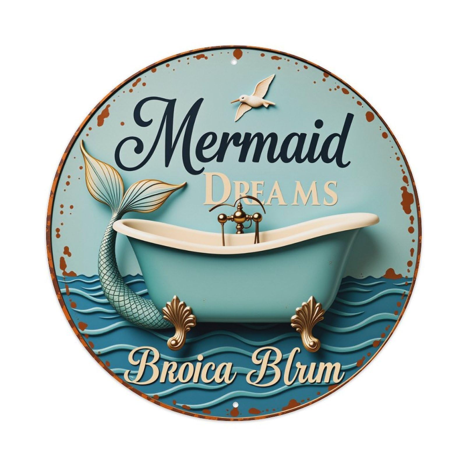 Mermaid Tail Bathtub Waves Seagull Metal Tin Sign Vintage Garden Bedroom Cafe Bar Man Cave Home Wall Decor Metal Poster 8x8 inches