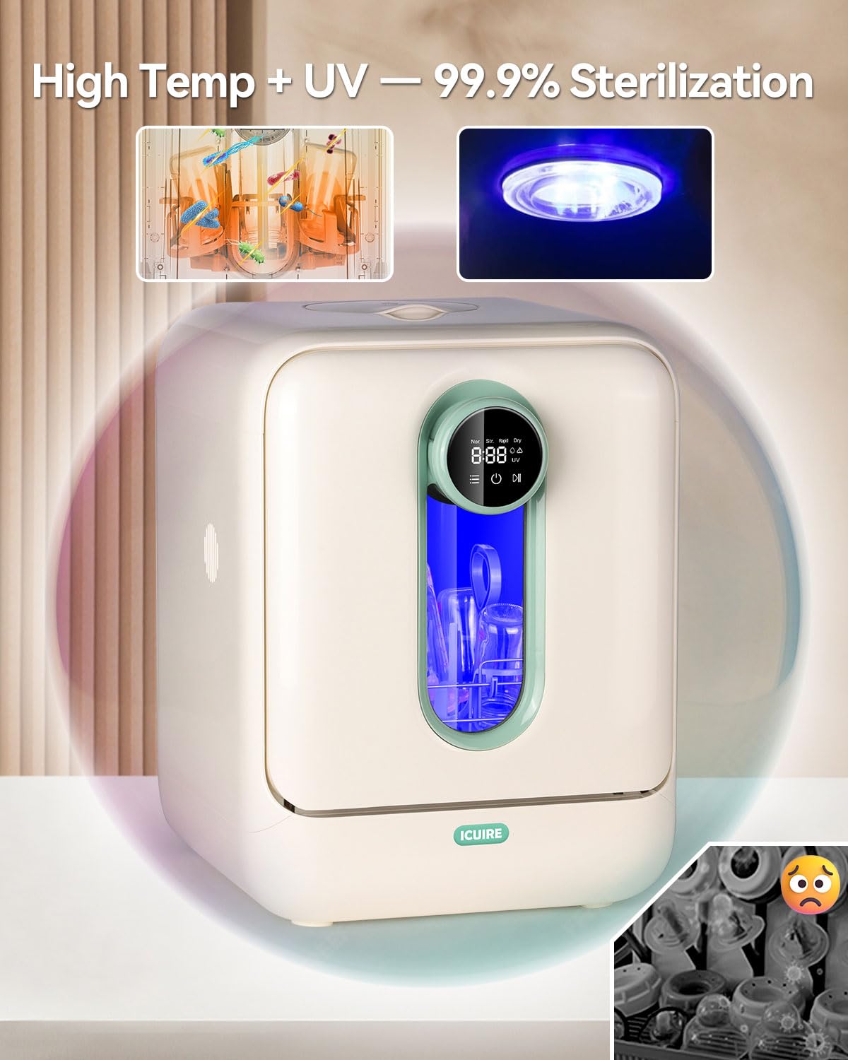 ICUIRE Babyflaschenwascher und Sterilisator und Trockner, 55-75 °C Hochtemperatursterilisation für Babysachen, 3,2 l Wassertank zum Reinigen von Flaschen, Pumpenteil, Schnuller und Schüssel