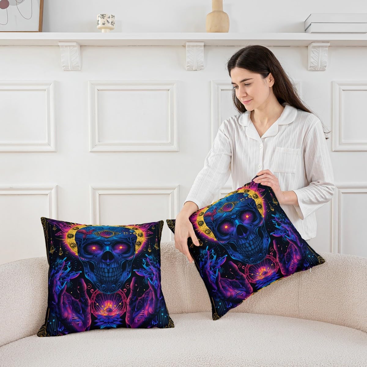 Spooky Skull Throw Pillow Covers Pack of 2,Horror Skeleton Cushion Cover for Kids Girls Boys Gothic Halloween Pillow Cases Halloween Ghost Living Room Sofa Bed Decor,16" Lx16 W image 3