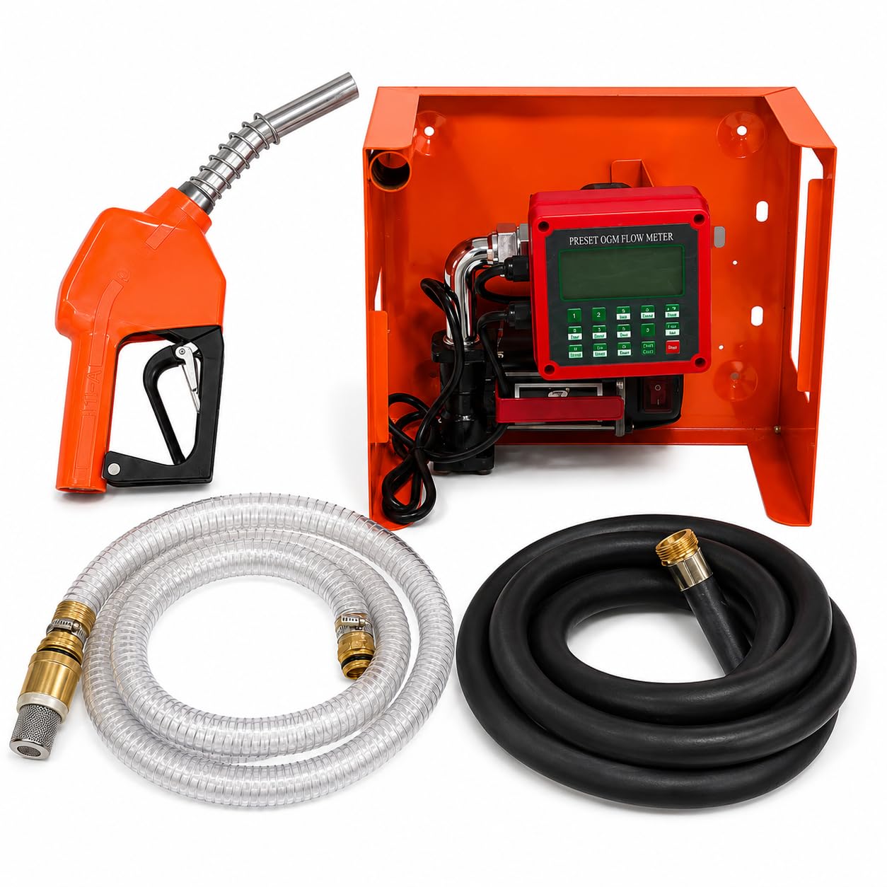 12v dc diesel fuel transfer pump with digital preset flow meter, automatic nozzle, suction and delivery hose kit, for tractors, generators and diesel tanks