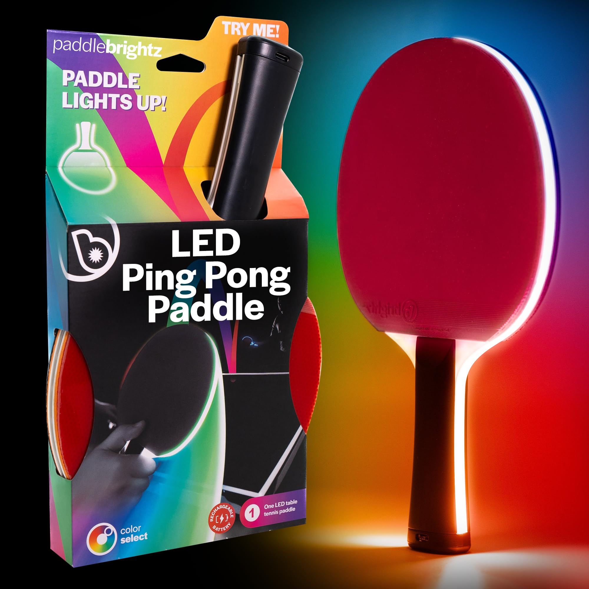 Brightz PaddleBrightz LED Ping Pong Paddle - Electrifies Your Matches! - 6 Solid Color + Color Changing Modes - Premium Sponge & Rubber for Ultimate Control & Spin - Flared Handle for Improved Grip