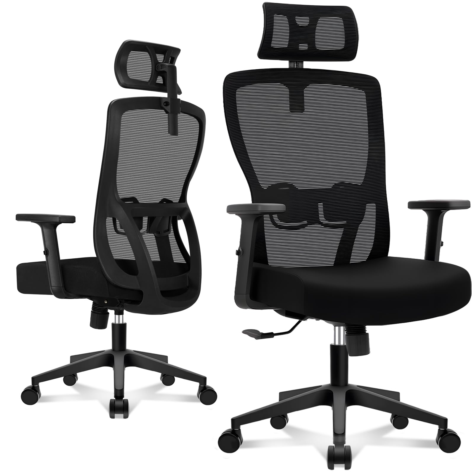 Durrafy Ergonomischer Bürostuhl, Schreibtischstuhl Höhenverstellbar, Drehstuhl mit Verstellbarer Lendenwirbelstütze und Kopfstütze, 90°-130°Liegefunktion, Bürostuhl bis 150 kg Belastbar, Schwarz