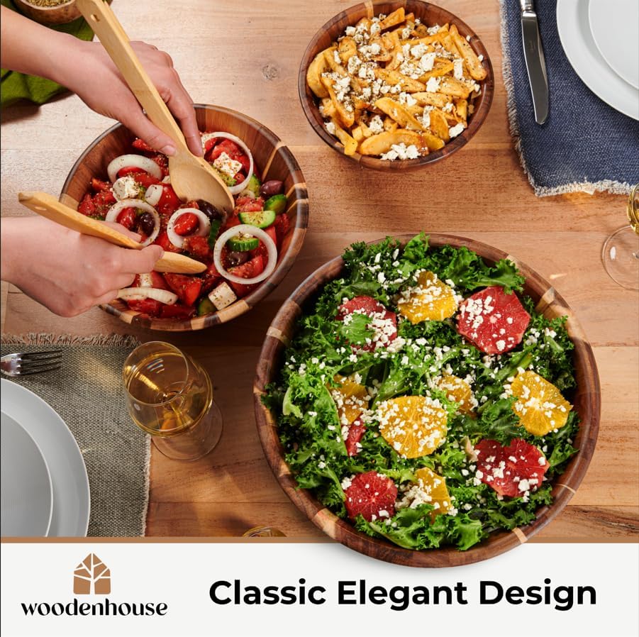 Miniatura 5 de Woodenhouse Juego de 3 cuencos de madera, ensaladera de madera, diseño redondo, grande, para servir, hecho a mano, duradero y elegante, accesorio de