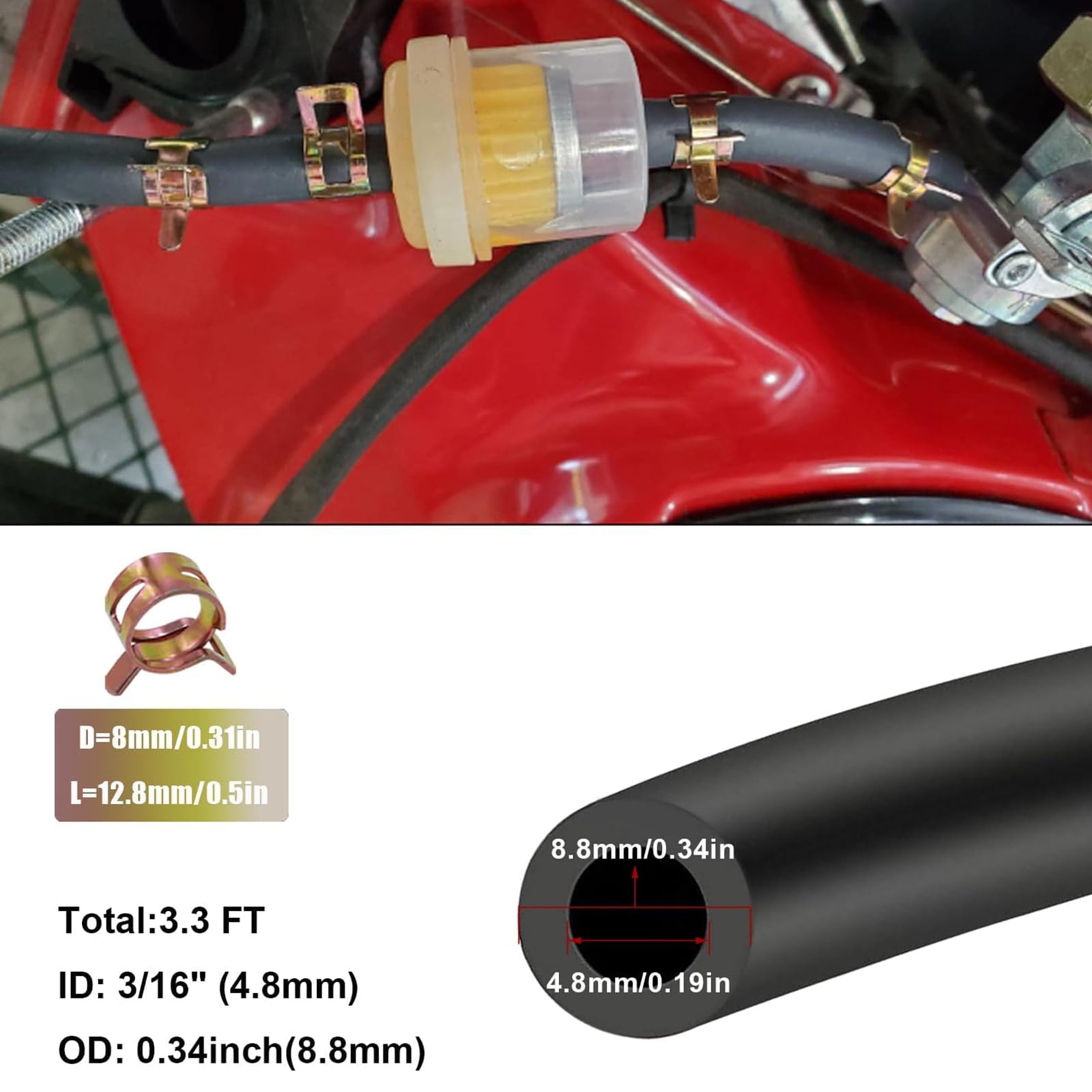 Wąż do paliwa, zestaw 2 m, przewód paliwowy Ø 5 mm, średnica wewnętrzna: 10 opasek zaciskowych i 4 filtry benzynowe, do samochodu, motocykla, skutera