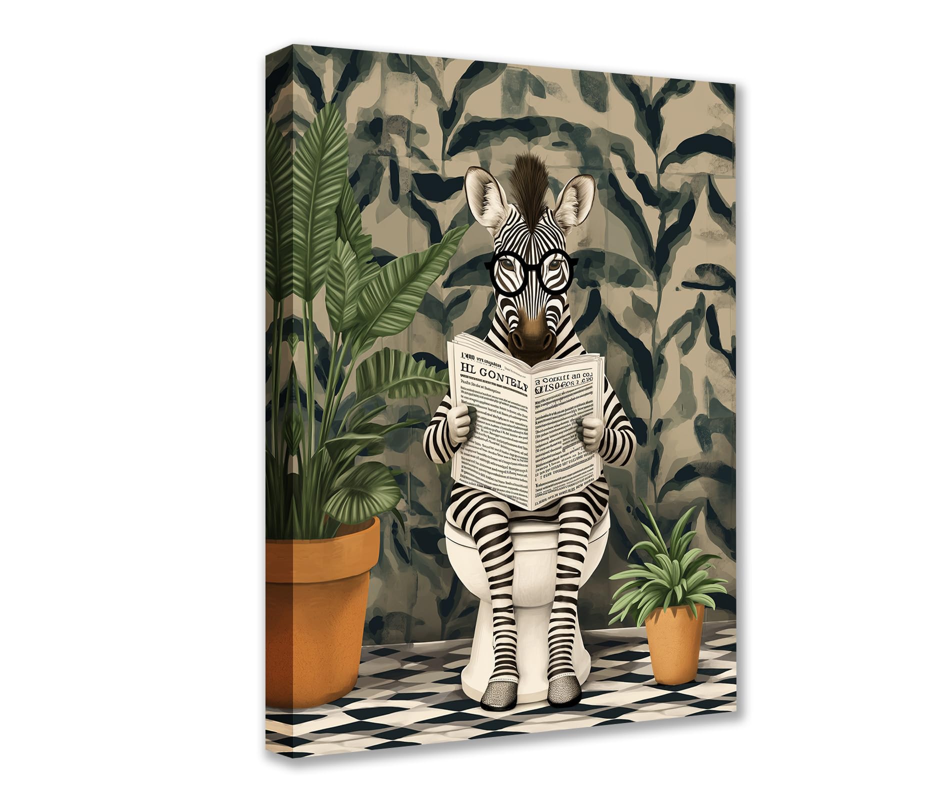 Simple Joyful Zebra on Toilet Canvas Wall Art Animal Read Newspaper Picture 1P Tropical Plant Posters Prints Cute Modern Artwork for Living Room Bedroom Home Decor Framed Gallery-Wrapped Ready to Hang