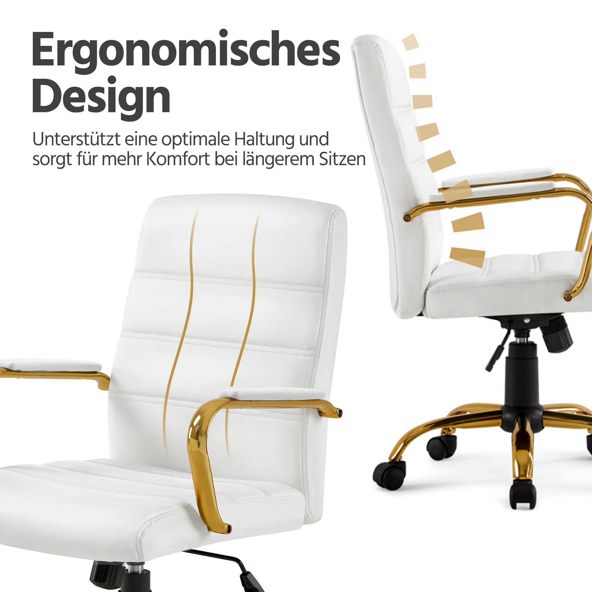 Yaheetech Schreitischstuhl Home-Office Stuhl mit Armlehnen Weiß/Golden | Ergonomisch Bürostuhl Drehstuhl mit Rollen Arbeitsstuhl mit Rückenlehne für Büro/ Arbeitszimmer