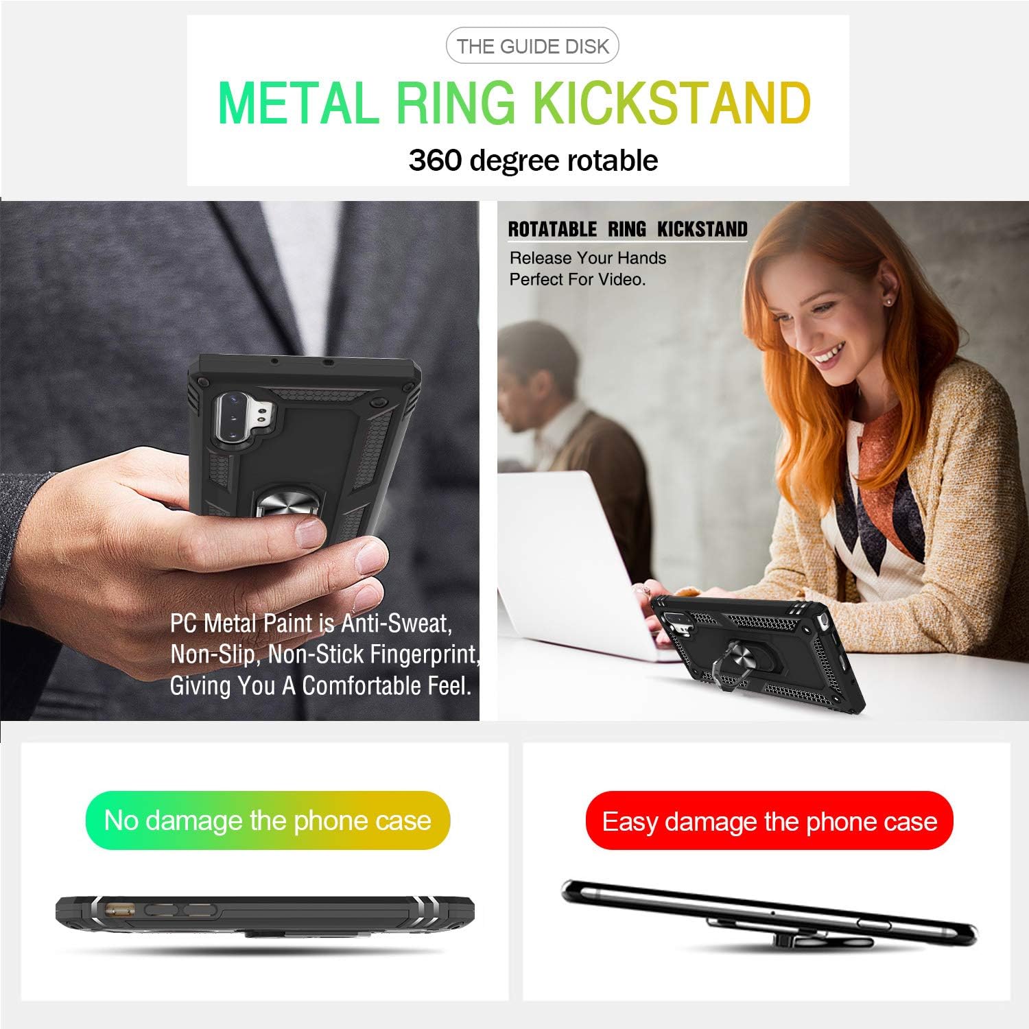 Compatible for Samsung Galaxy Note 10+ 5G Case with HD Screen Protector, Gritup Military-Grade Magnetic Kickstand Ring Dual Layer Shockproof Protective Phone Case for Samsung Note 10 Plus Black