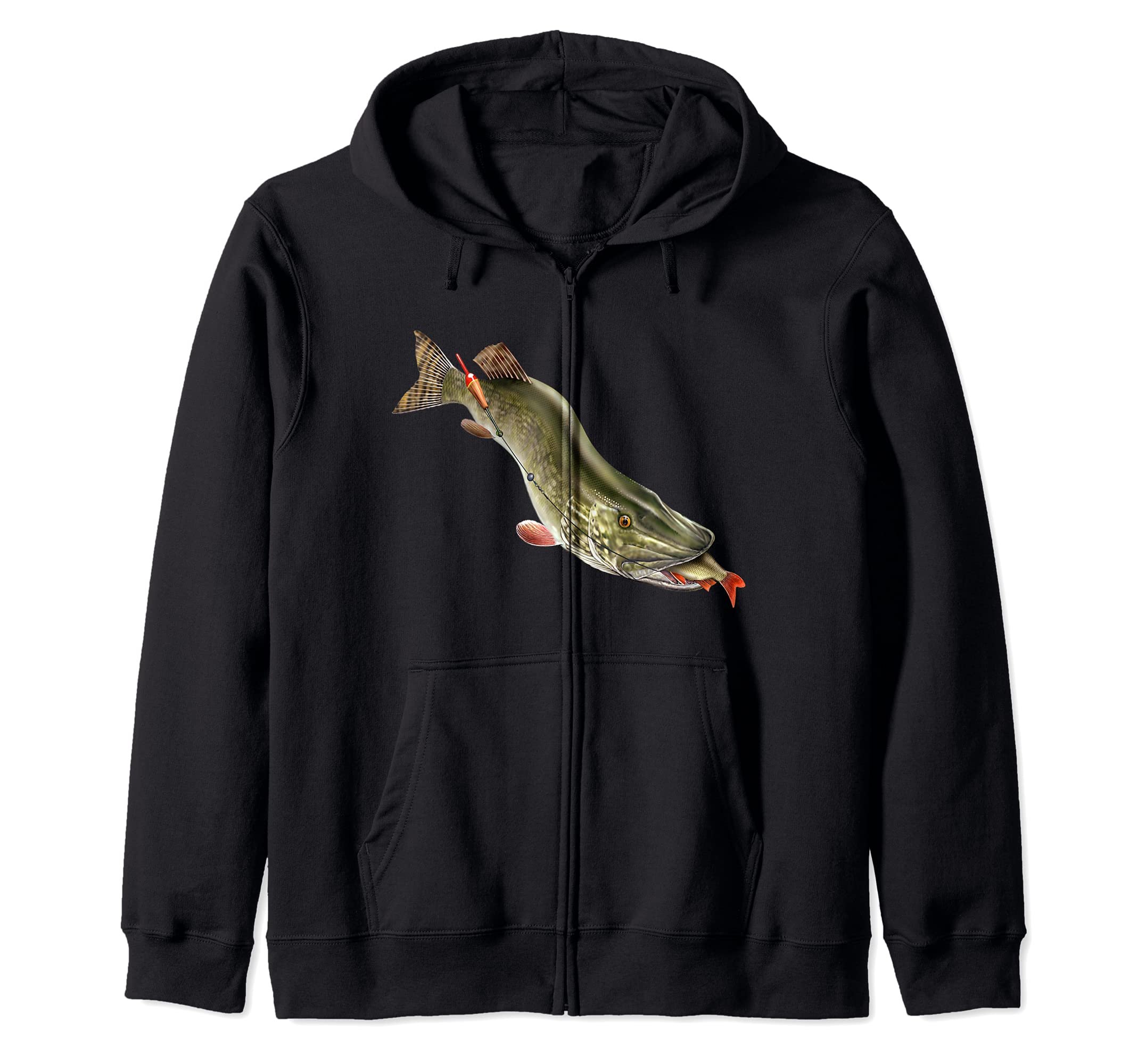 Northern Pike Fishing Fishermen Zip Hoodie, Black