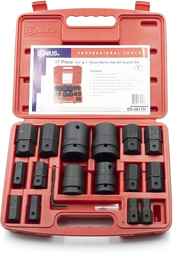 GENIUS TOOLS Juego de llaves de vaso hexagonal métricas Dr. de 17 piezas de 34" y 1" (CR-Mo) - BS-6817H