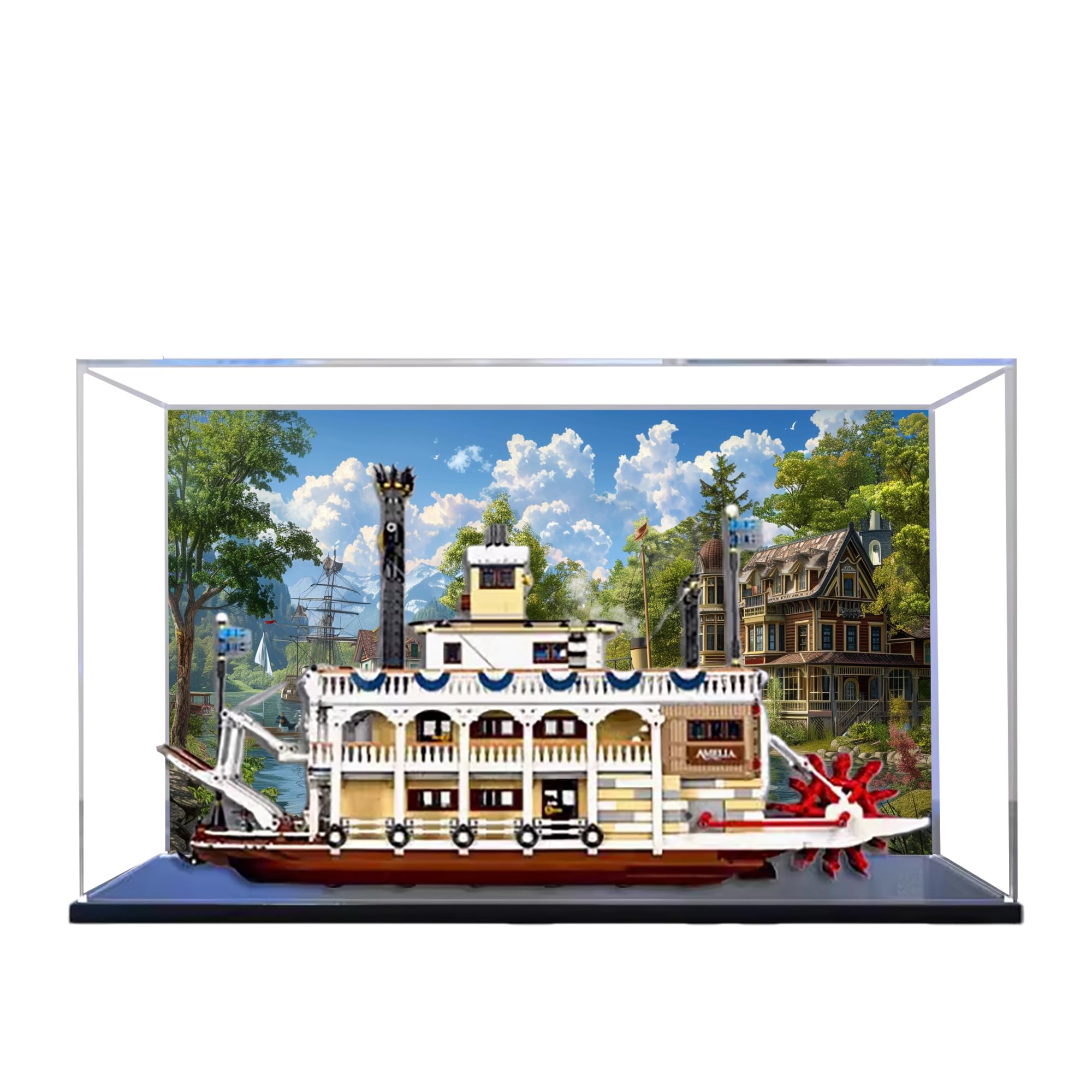 Acrylic Display Case for Lego 21356 Canal Steamboat Model, 3mm Dustproof Display Box, Display Case Compatible with Lego 21356 (Model Not Included) (Background Build B)
