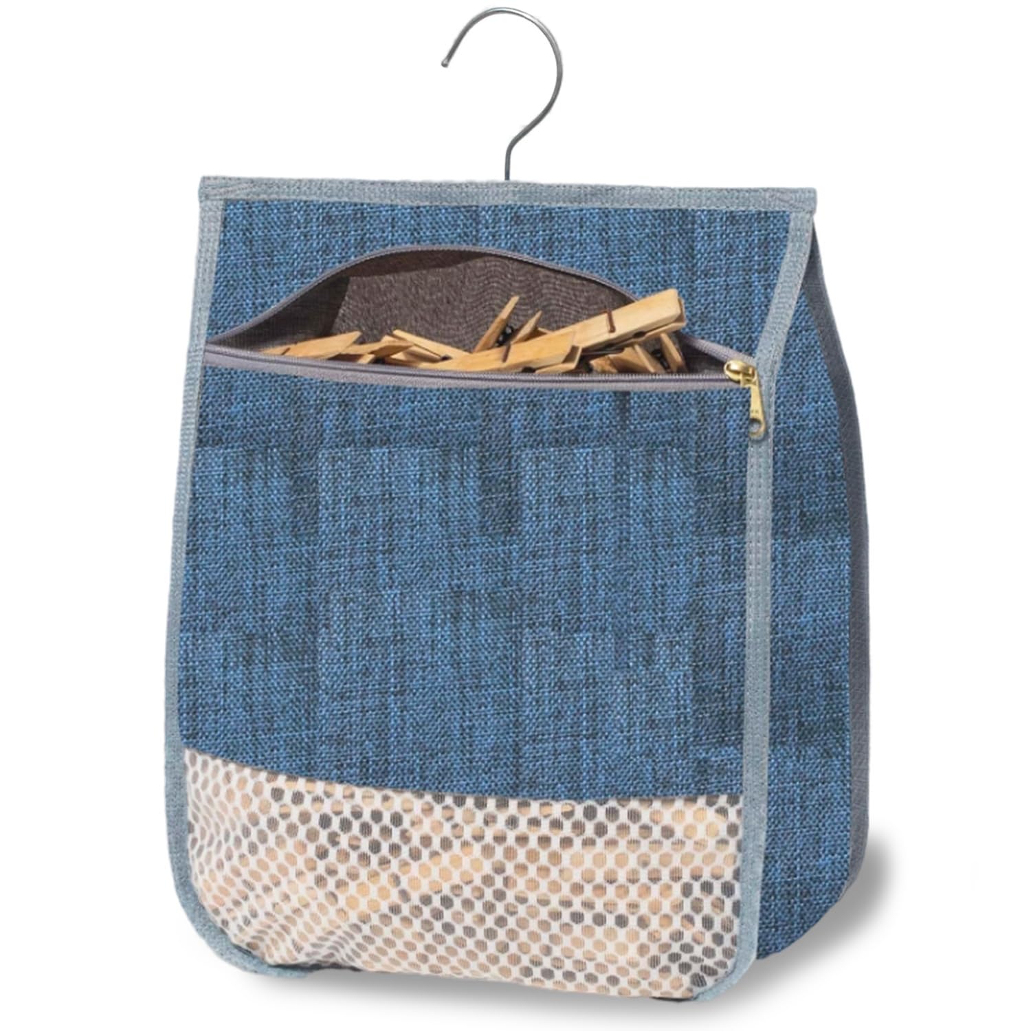 Peg Bag with Zipper, Large Peg Basket for Washing Line, Hanger Hook for Hanging, durable peg basket, Multi-Use Clothes Pegs Bag for Laundry & Outdoor Clothesline, 360° Rotation, 11.8x9 in (Blue)