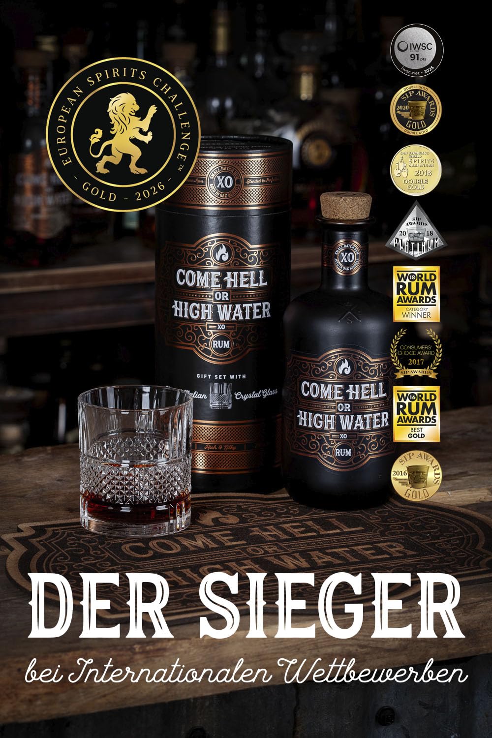 Come Hell or High Water XO Rum – 15 Jahre alter Premium Dark Rum im Geschenkset inklusive Kristallglas – 70 cl, 40% Vol. – Pur oder „On the Rocks“ genießen – Premium-Alkohol für anspruchsvolle Genieß