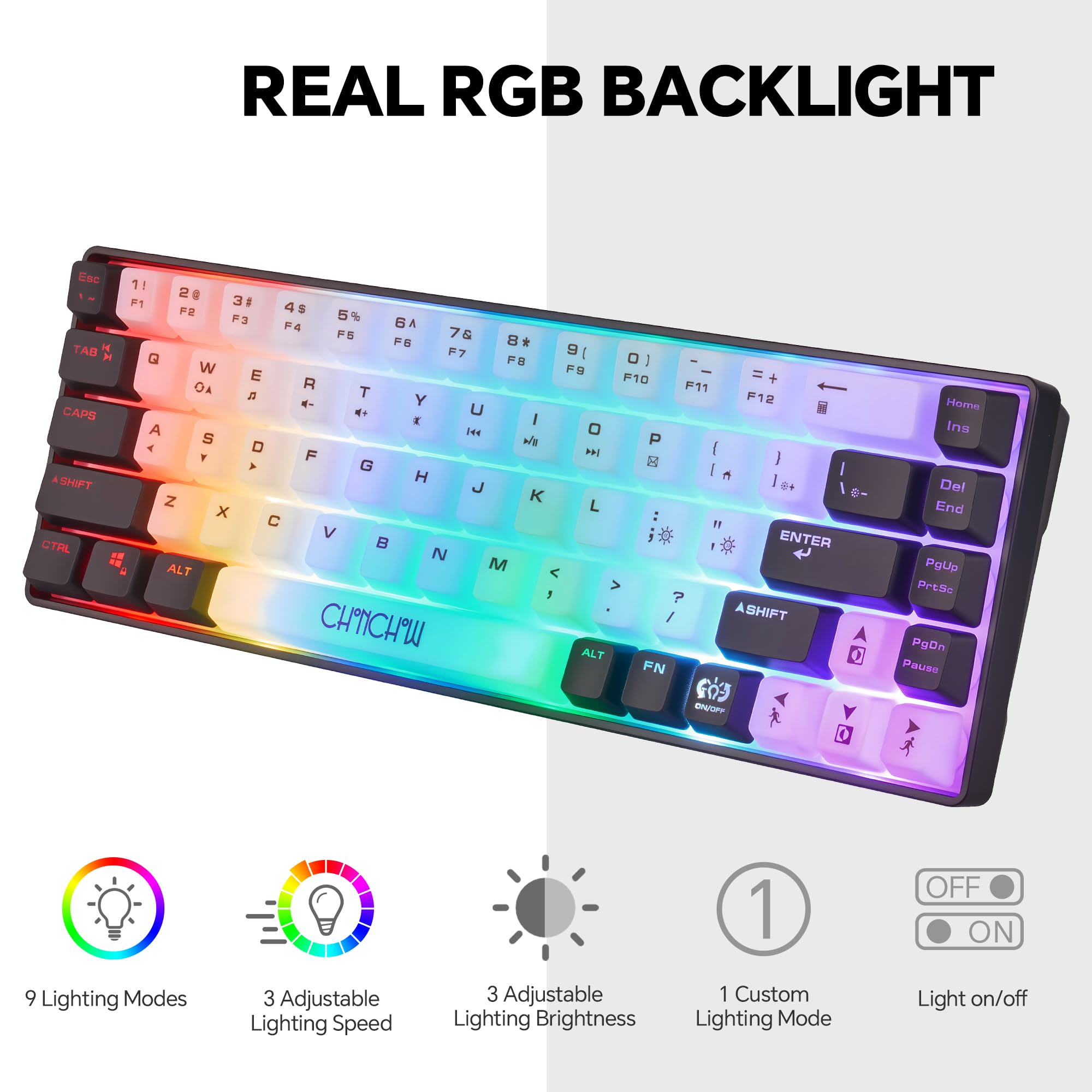 CHONCHOW Teclado mini RGB 60% para juegos, 68 teclas, pequeño, compacto, USB, con cable, arco iris, iluminado, retroiluminado, para Xbox, PS4, PS5, PC, portátil, gamer (blanco-negro)