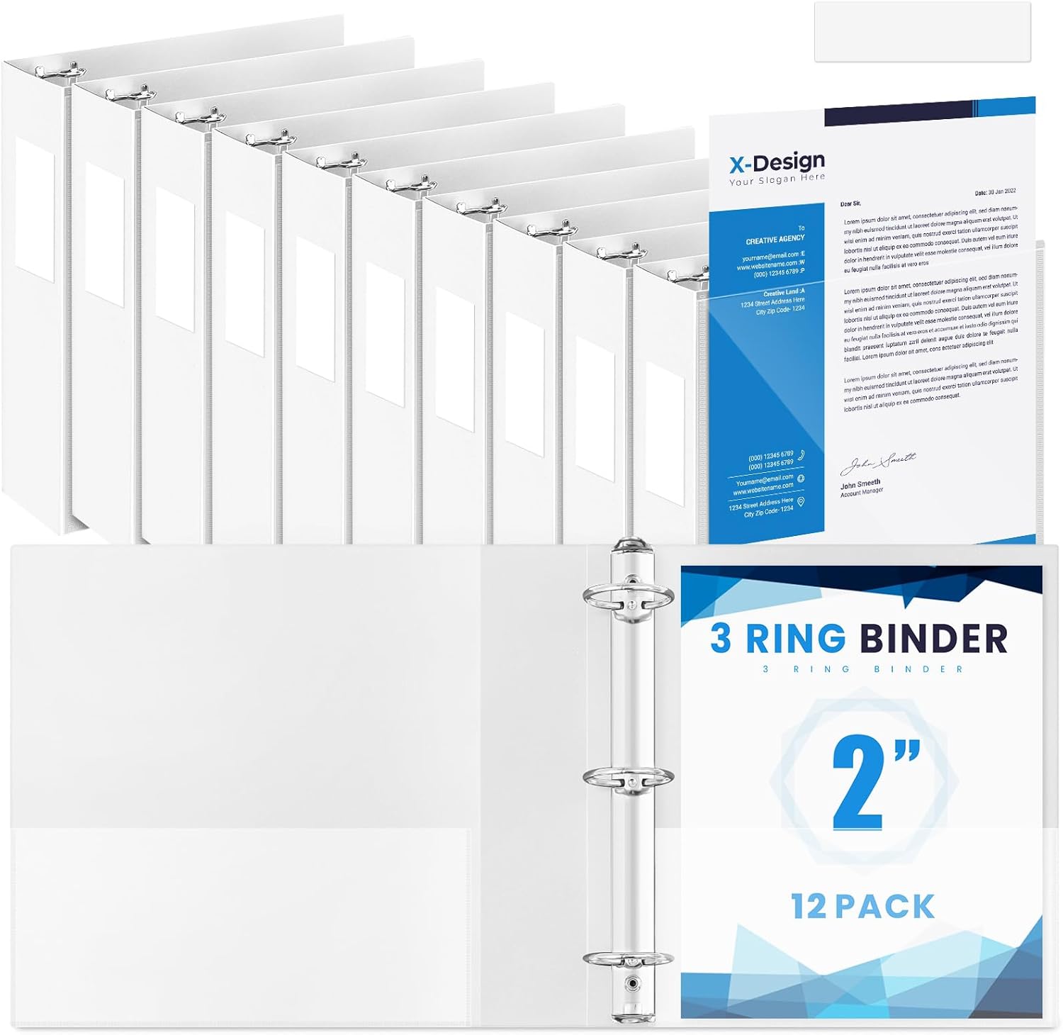 Henoyso 12 Pcs 3 Ring 2 Inch Binders Fits 8.5 x 11 Inch Letter Size Paper, Plastic White Flexible Binders with View Cover and 2 Pockets, 375 Sheets Capacity for Office School 2 Inch White