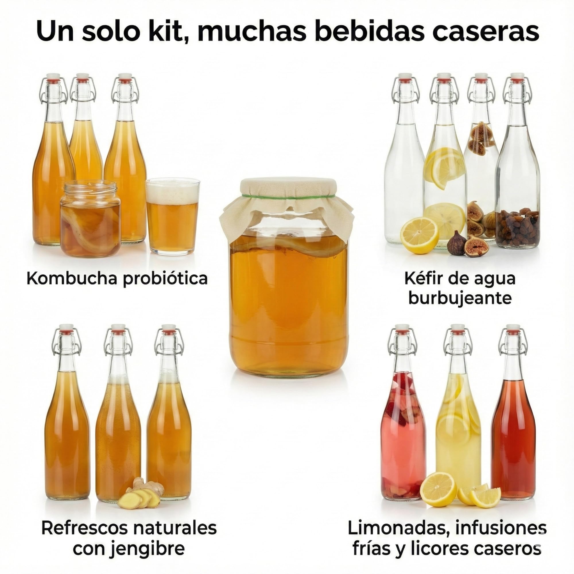 myFERMENTS - Kit Kombucha y Kefir | Bote Grande de 4 L | 6 Botellas de Vidrio con Cierre Hermético de 750 ml | Embudo y Muselina | para Todo Tipo de Bebidas Fermentadas