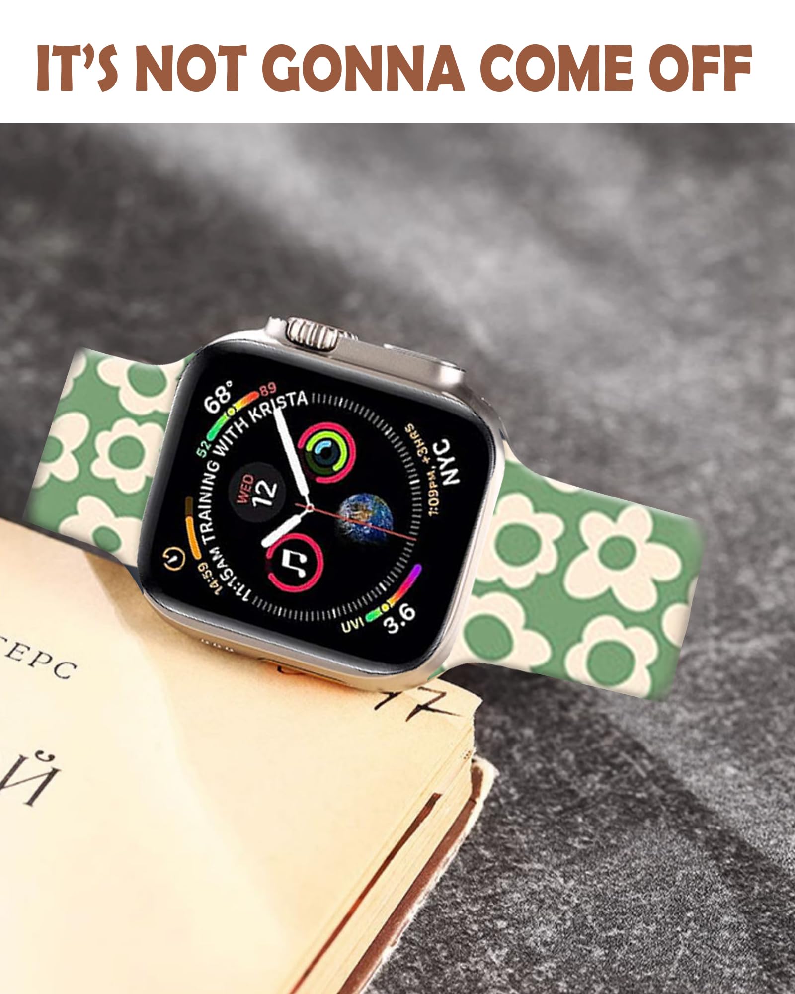 Vintage Green Groovy Flowers Sport Watch Bands Compatible with Apple Watch Band 38mm 40mm 41mm for Women Men, Adjustable Soft Silicone Replacement Smartwatch Wristband for iWatch Series 7 6 5 4 3 2 1 SE