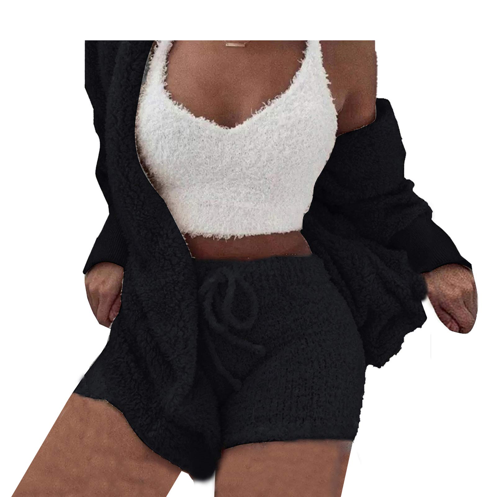 Famnbro Women's Sexy Fuzzy 3 Piece Outfits Fleece Warm Hooded Cardigan Crop Top Shorts Set Pajamas Loungewear