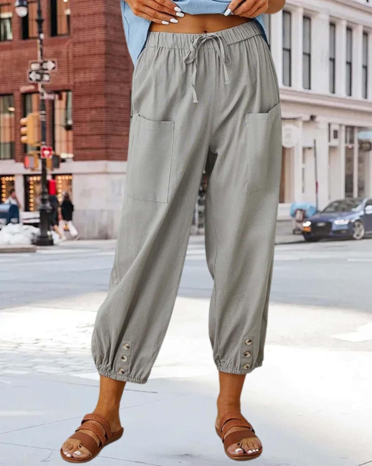 Cotton Linen Capri Pants for Women Summer Casual Plus Size High Waist Elastic Drawstring Button Trouser with Pockets - Image 6