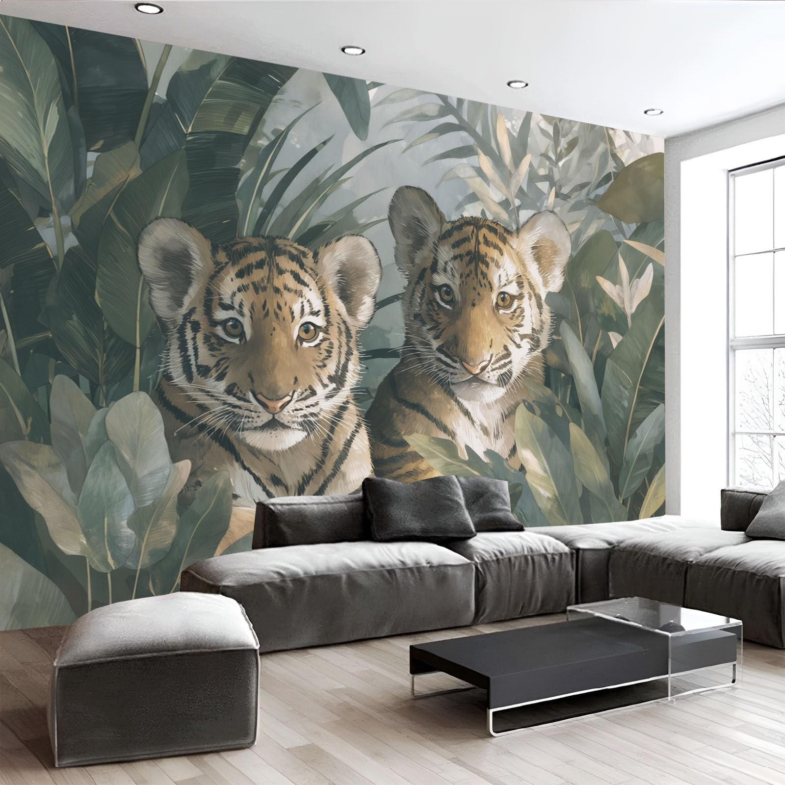 Papier peint panoramique tigre haut de gamme gris-vert, grand poster mural 250x175cm