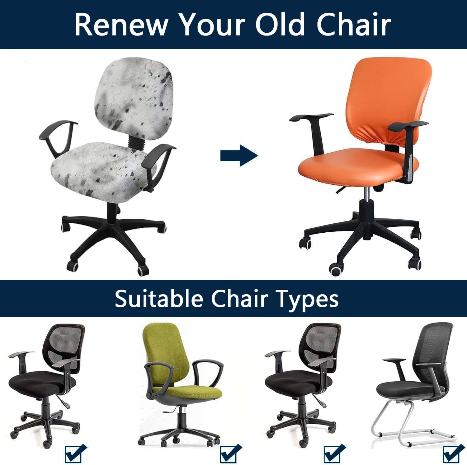 Office Chair Cover Waterproof, Cat Scratch Proof PU Leather Computer Chair Slipcover Removable Rotating Desk Chair Cover (Orange,one Size)