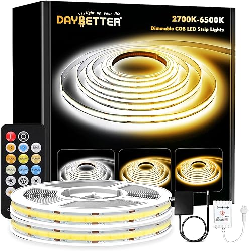 DAYBETTER COB - Tira de luz LED blanca sintonizable, 32.8 pies32.8 ft, 6080 LED, tiras de luz LED blancas con control remoto, 2700K-6500K luz de