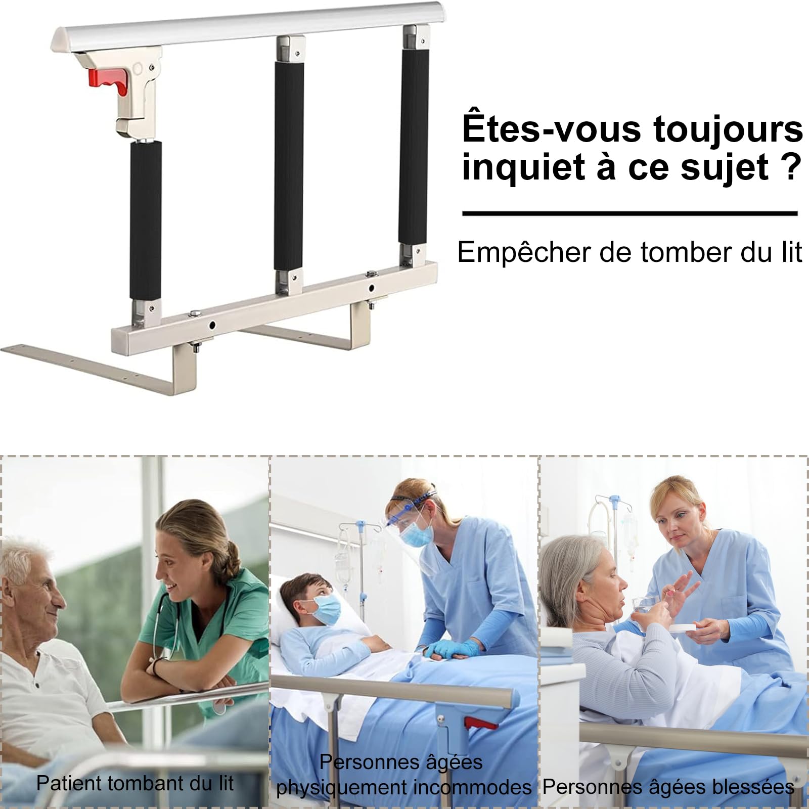 Barrière de lit, Pliable, pour Personnes âgées, Adultes, Aide à la poignée, Garde-Corps de lit Handicap, hôpital, avec Sac de Rangement, Blanc (70 x 40 cm)