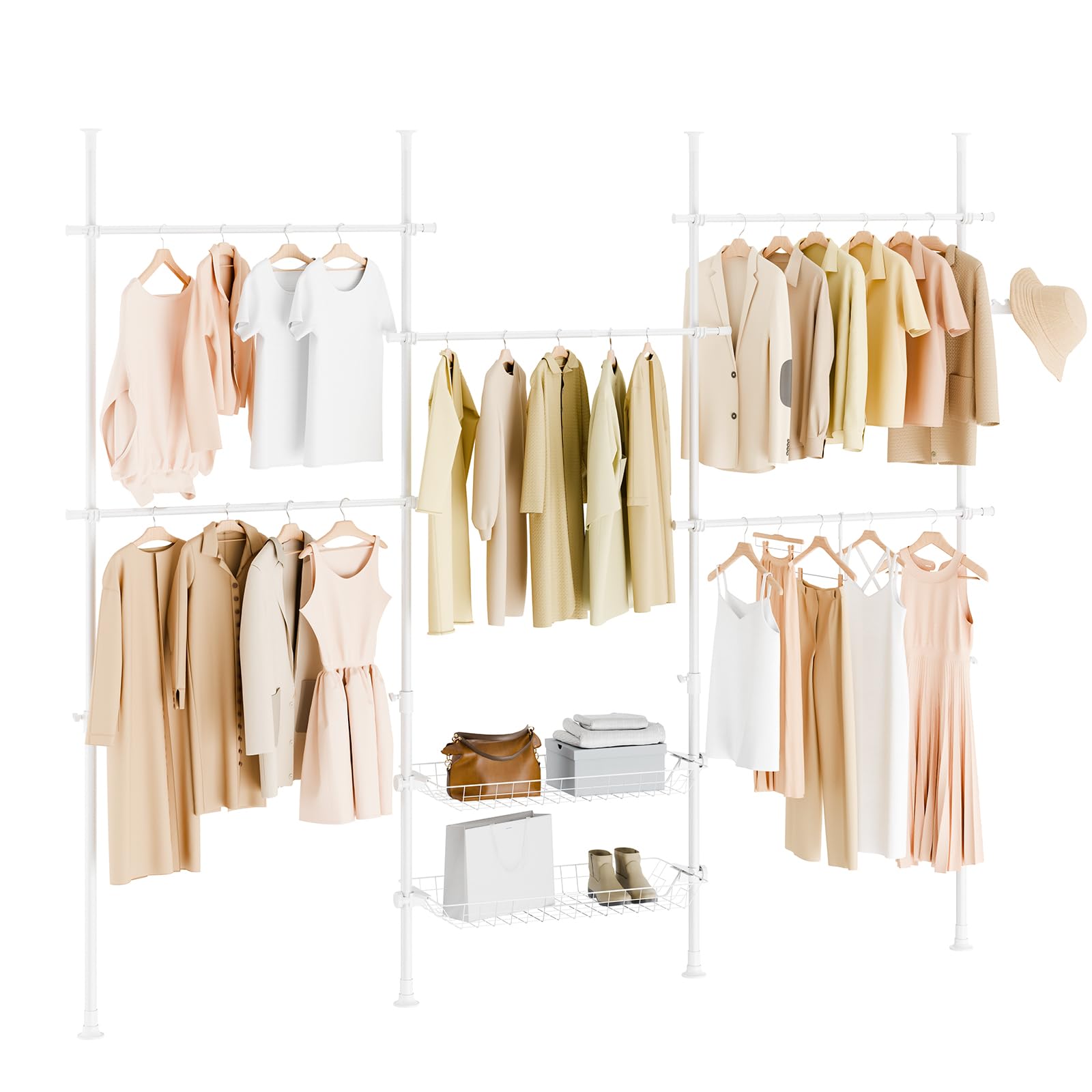 SoBuy Telescopic Clothes Rail, Heavy Duty Clothes Rack, Adjustable Open Wardrobe with Hanging Rails & Shelves for Bedroom, Walk-in Closet White KLS04-II-W