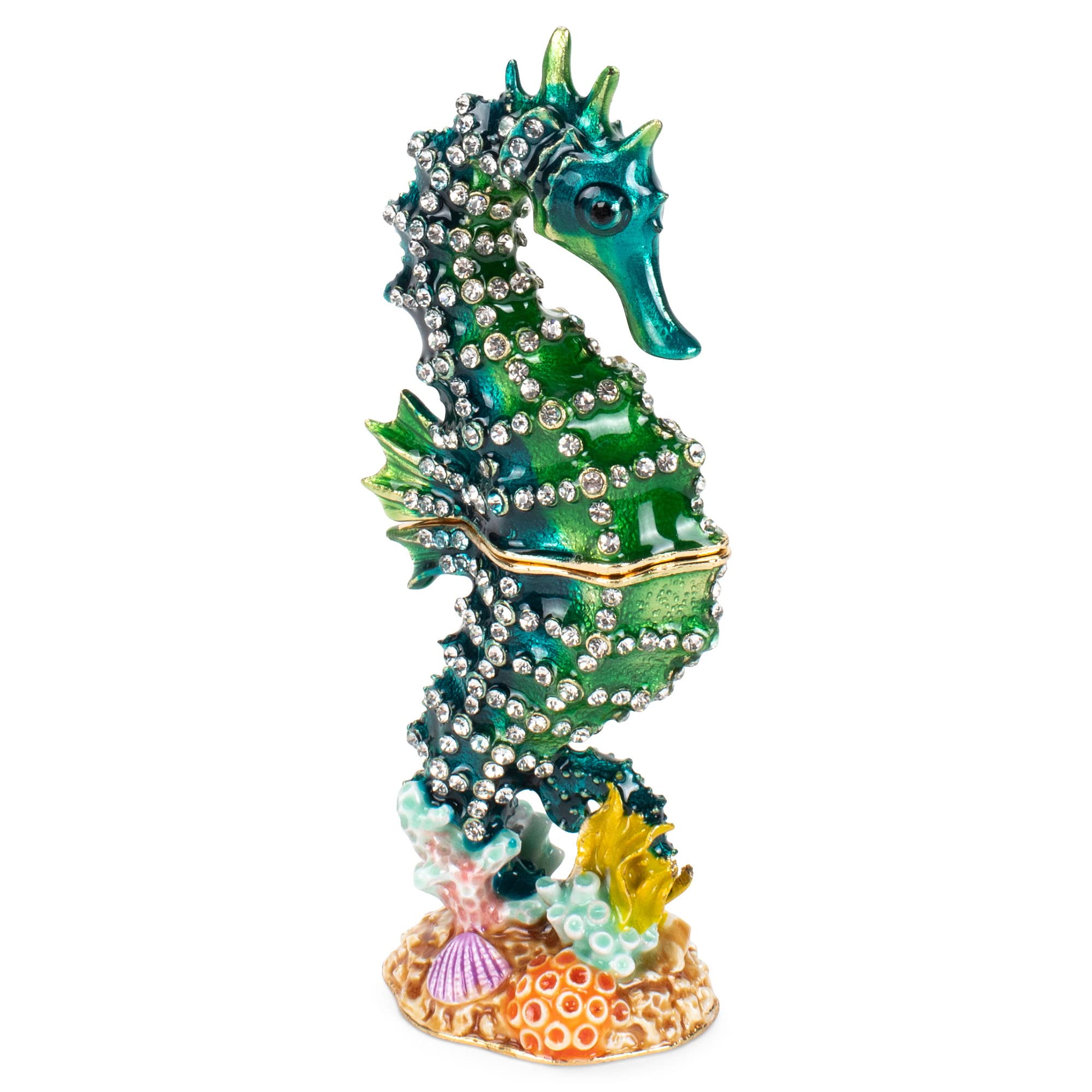 Cottage GardenCottage Garden Hand Painted Ornamental Jewelry Ring Necklace Earring Organizer Vintage Collectible Figurine Keepsake Box with Bejeweled Crystals, Seahorse (Green Seahorse)