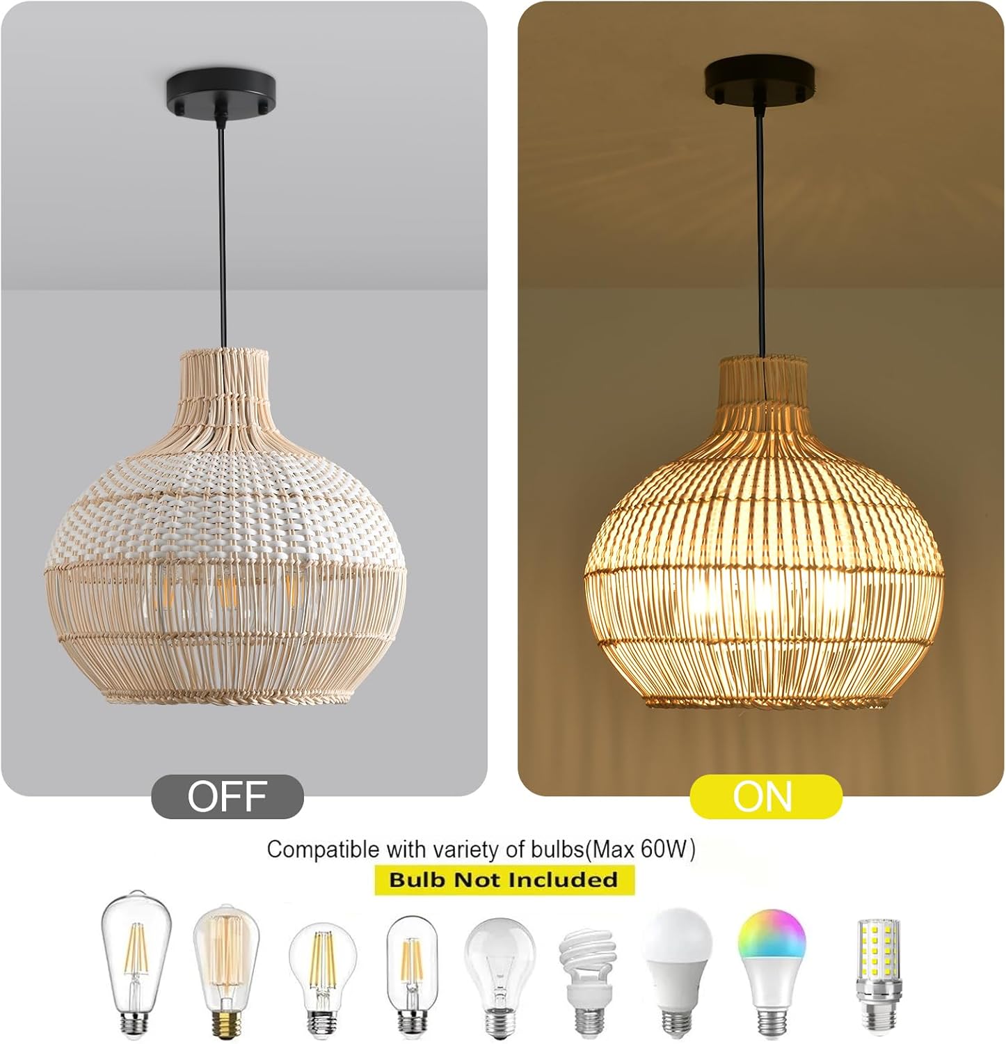 15" Rattan Pendant Light Fixture,3-Light Hand-Woven White Wicker Basket Chandelier Boho Faux Rattan Hanging Lamp,for Dining Living Bedroom Kitchen1-Pack