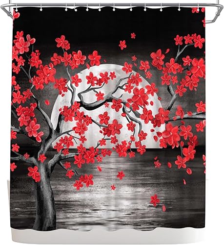 Miniatura 5 de WELMECO Cortina de ducha negra y roja con luna llena de árbol rojo, cortina de ducha para decoración de baño, tela de poliéster, 72 x 72 pulgadas
