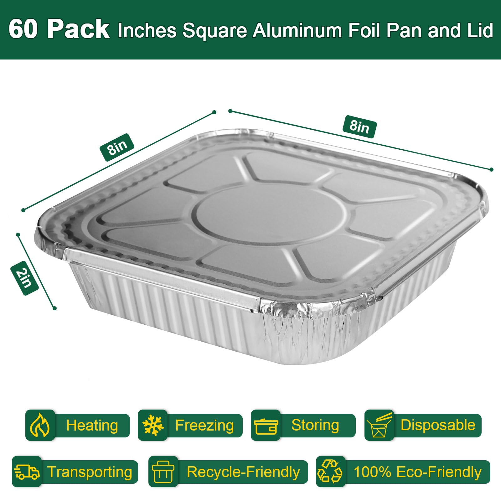 Sartenes de papel de aluminio de 8 x 8 pulgadas con tapas, paquete de 60 moldes cuadrados desechables de aluminio resistentes con cubiertas, sartenes desechables para freidora de aire, horno, cocina